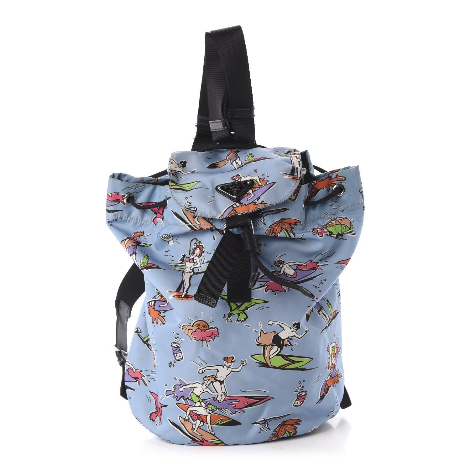 Prada Tessuto Nylon Surfer Print Cinch Backpack Blue 1 of 9