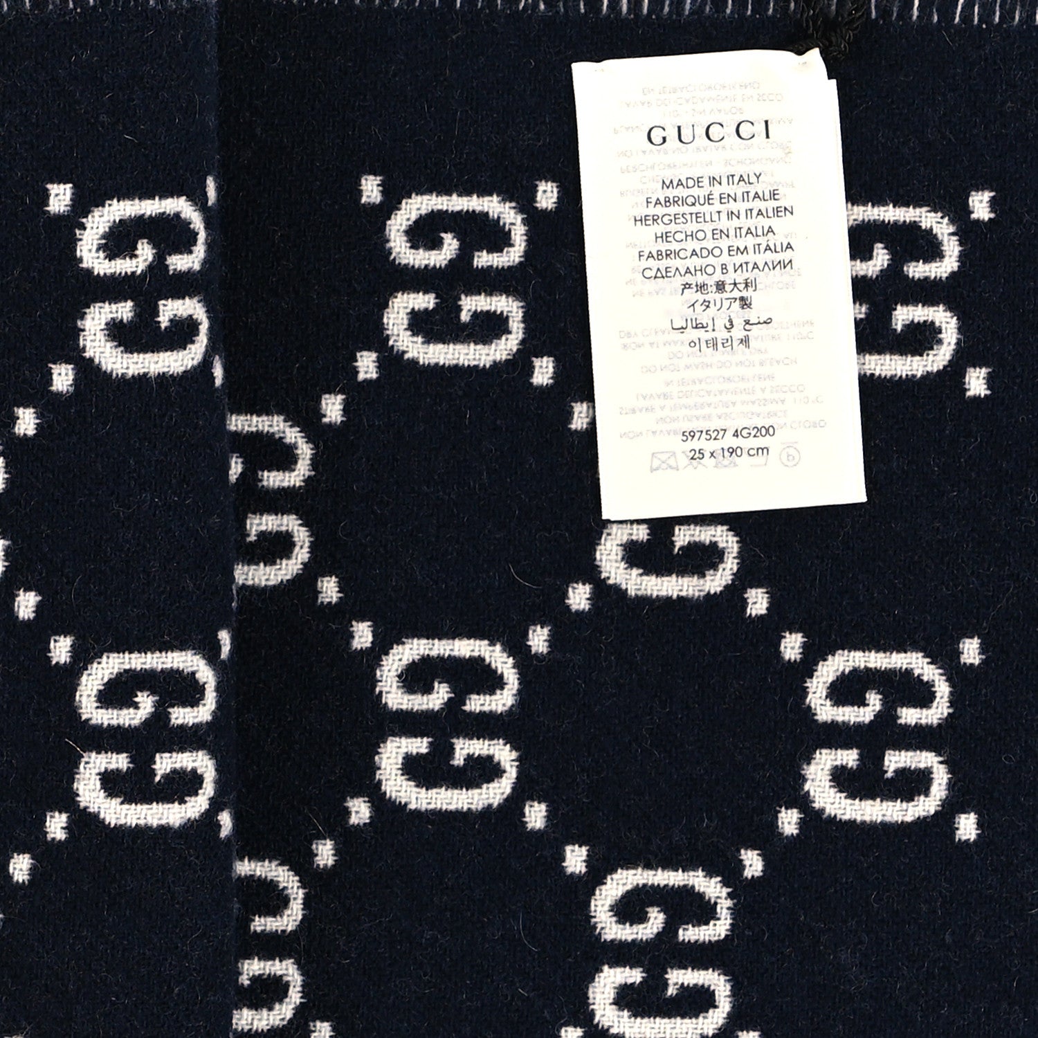 Gucci Wool GG Monogram Plaid Rise Reversible Fringe Scarf Midnight Blue Cream 4 of 4