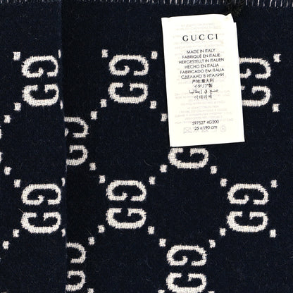 Gucci Wool GG Monogram Plaid Rise Reversible Fringe Scarf Midnight Blue Cream 4 of 4