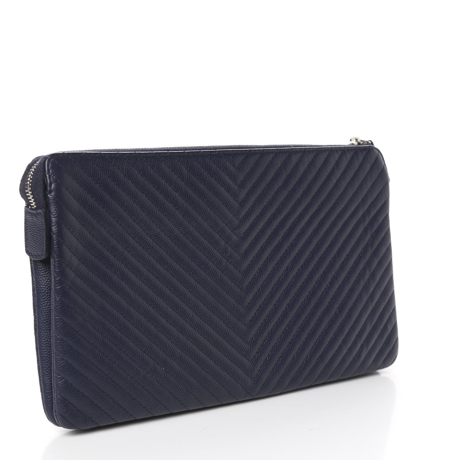 Chanel Caviar Chevron Quilted Large Zipped Clutch Navy 3 of 11