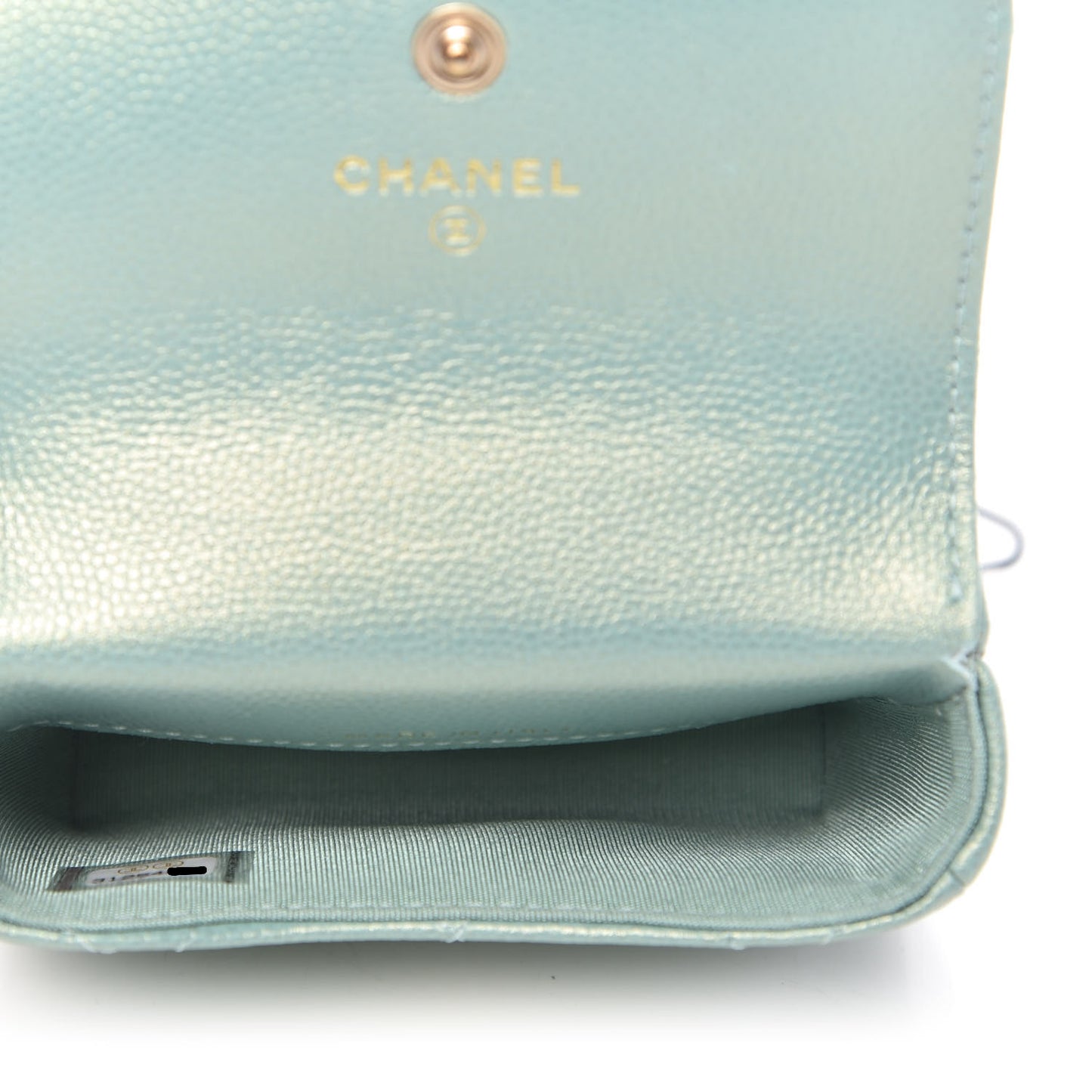 Iridescent Caviar Quilted Pearl On Top Coin Purse With Chain Light Green