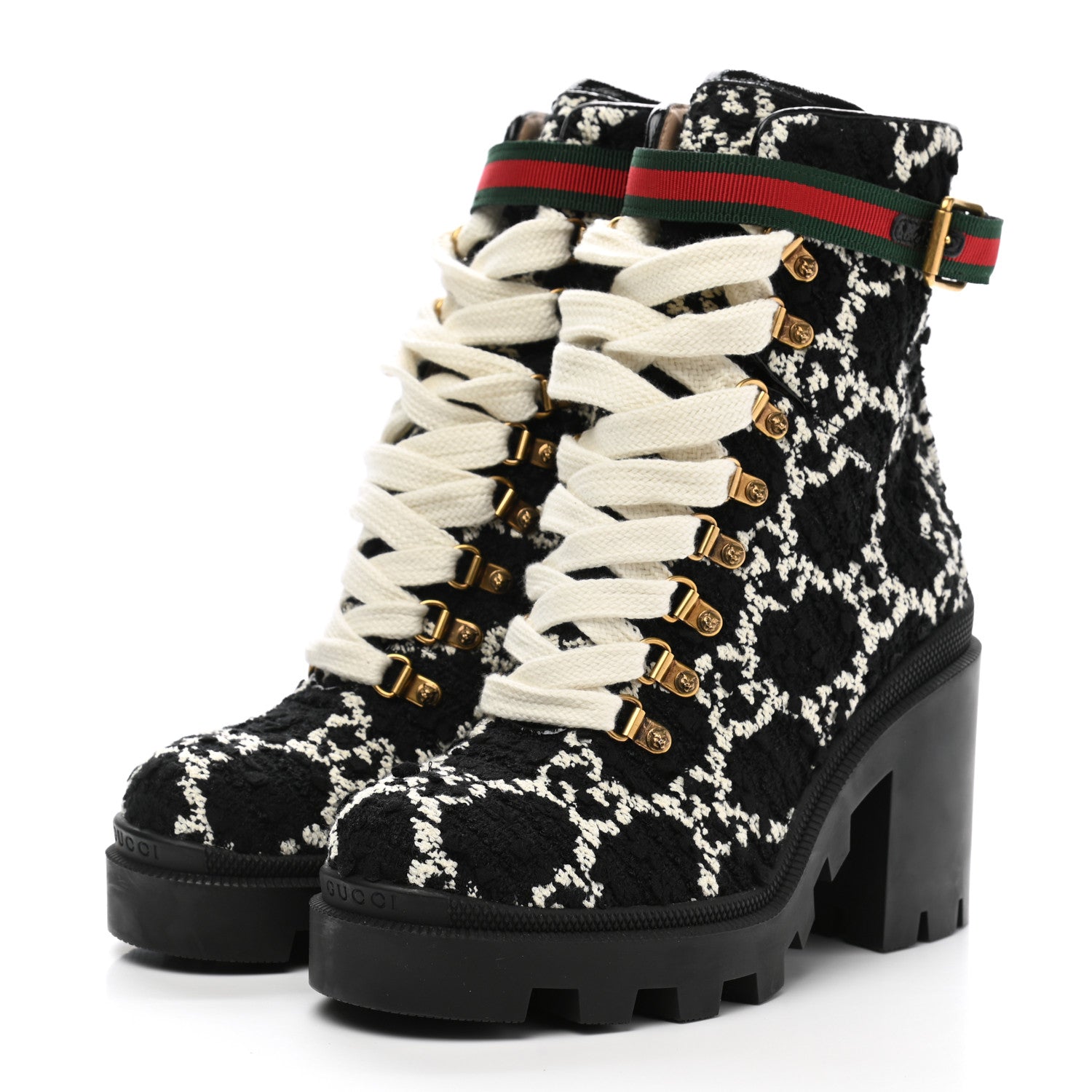 Gucci Tweed GG Monogram Lace Up Combat Ankle Boots 38.5 Black 3 of 9