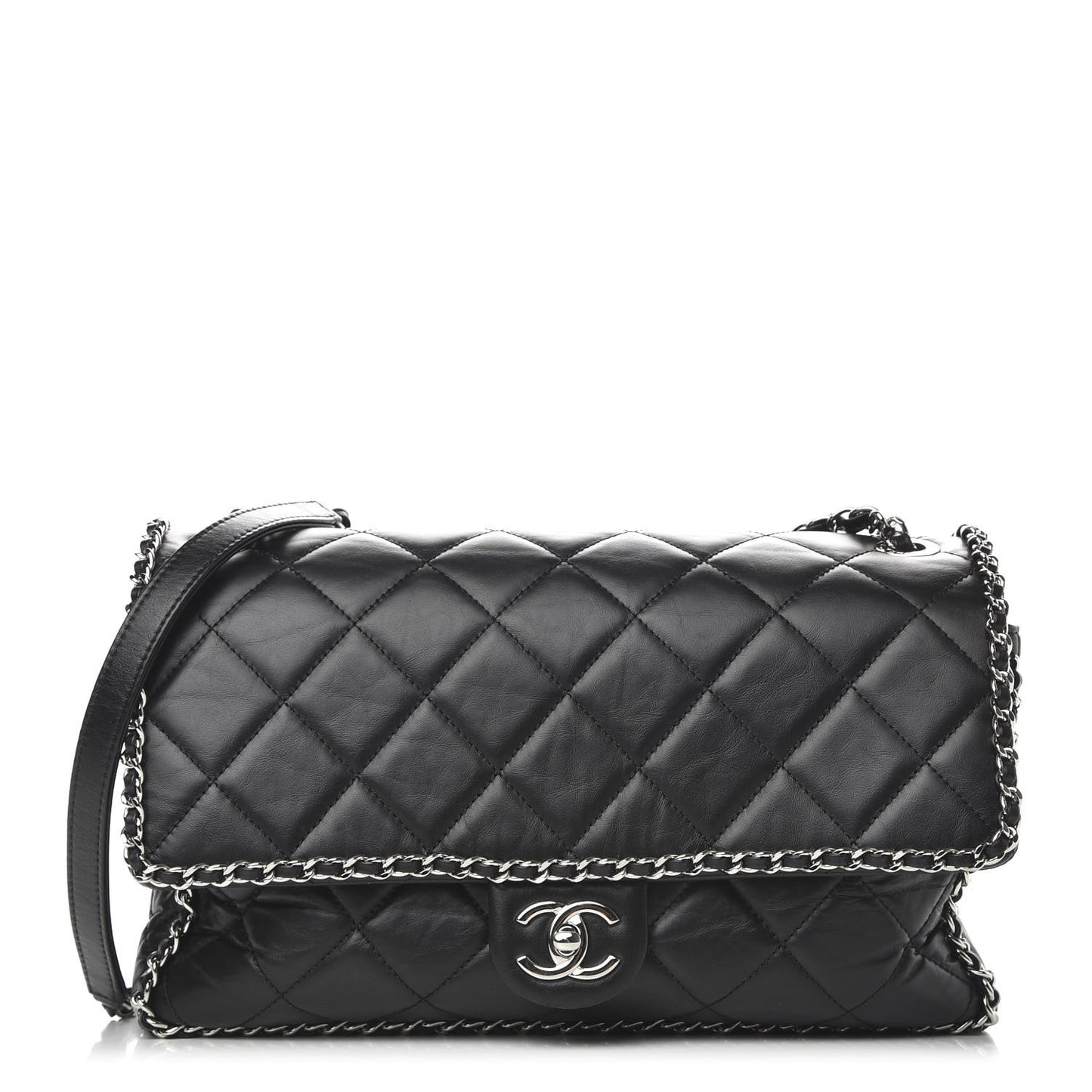 Crumpled Calfskin Quilted Large Chain All Over Flap Bag Black