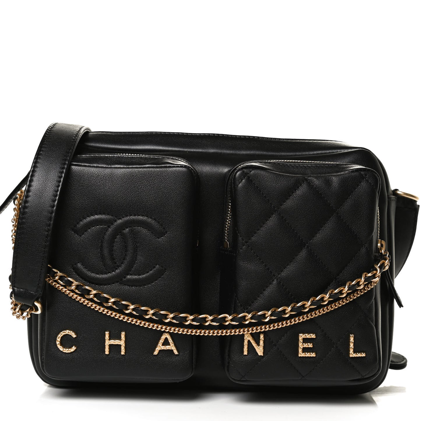 Calfskin Quilted Large Camera Case Black