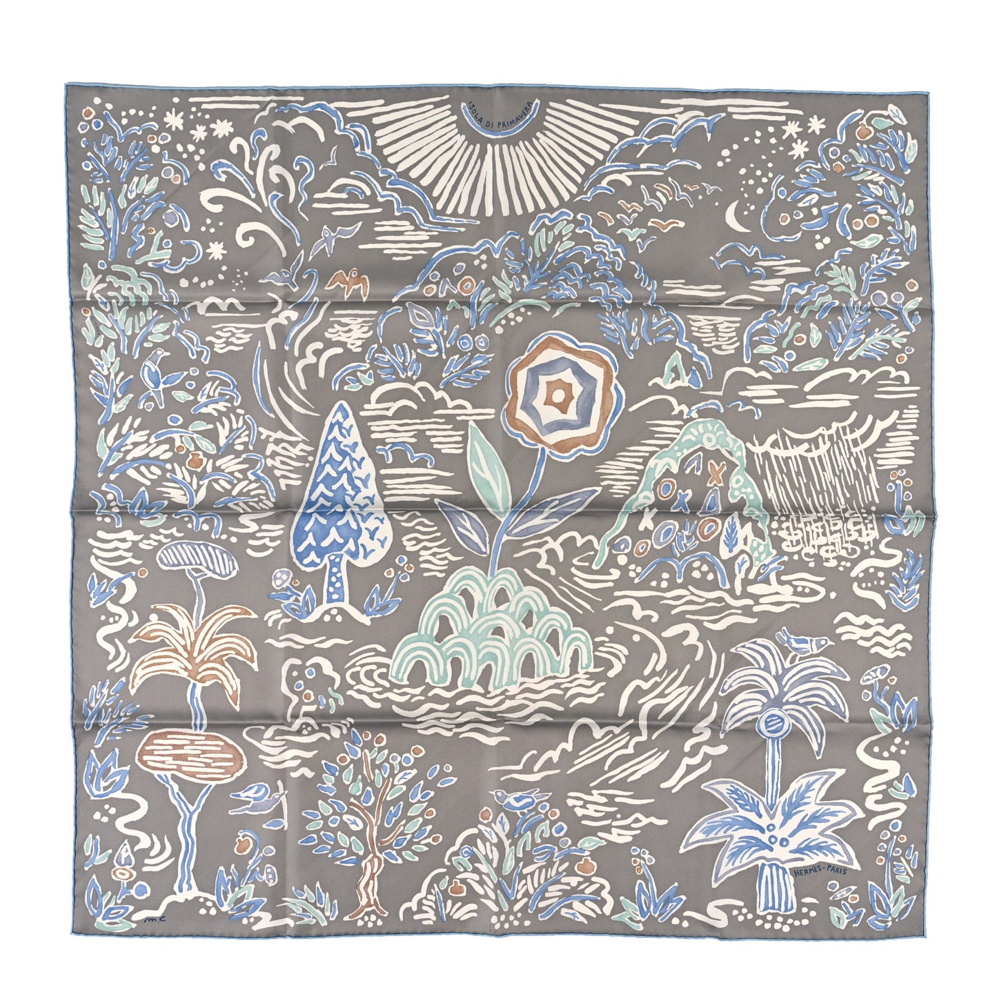 Silk Isola Di Primavera Scarf 90 Gris Clair Bleu Paradis