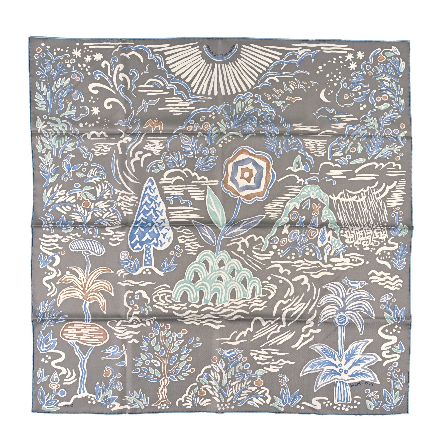 Hermes Silk Isola Di Primavera Scarf 90 Gris Clair Bleu Paradis 1 of 4