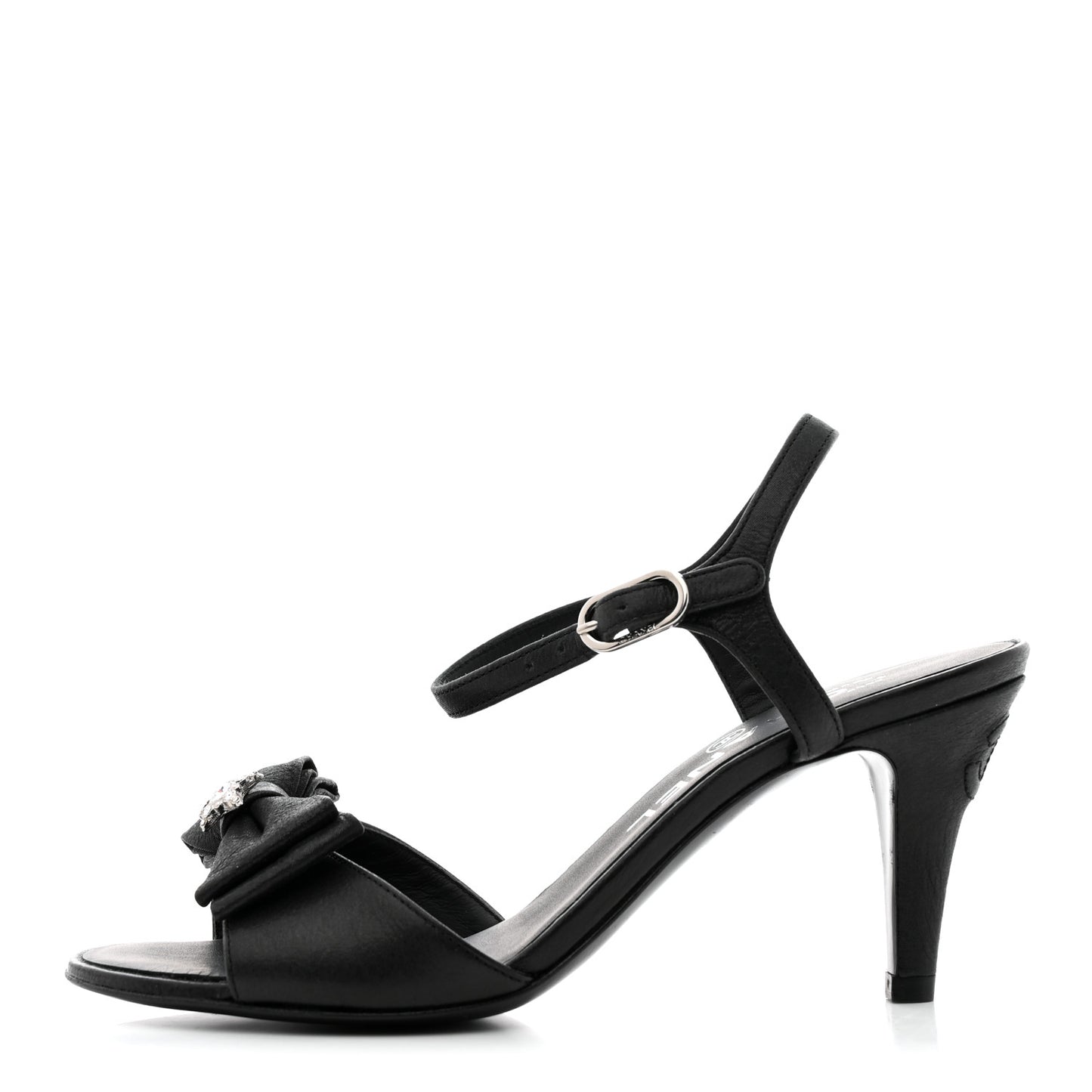 Crepe Grosgrain Crystal Bow Open Toe Sandals 35 Black