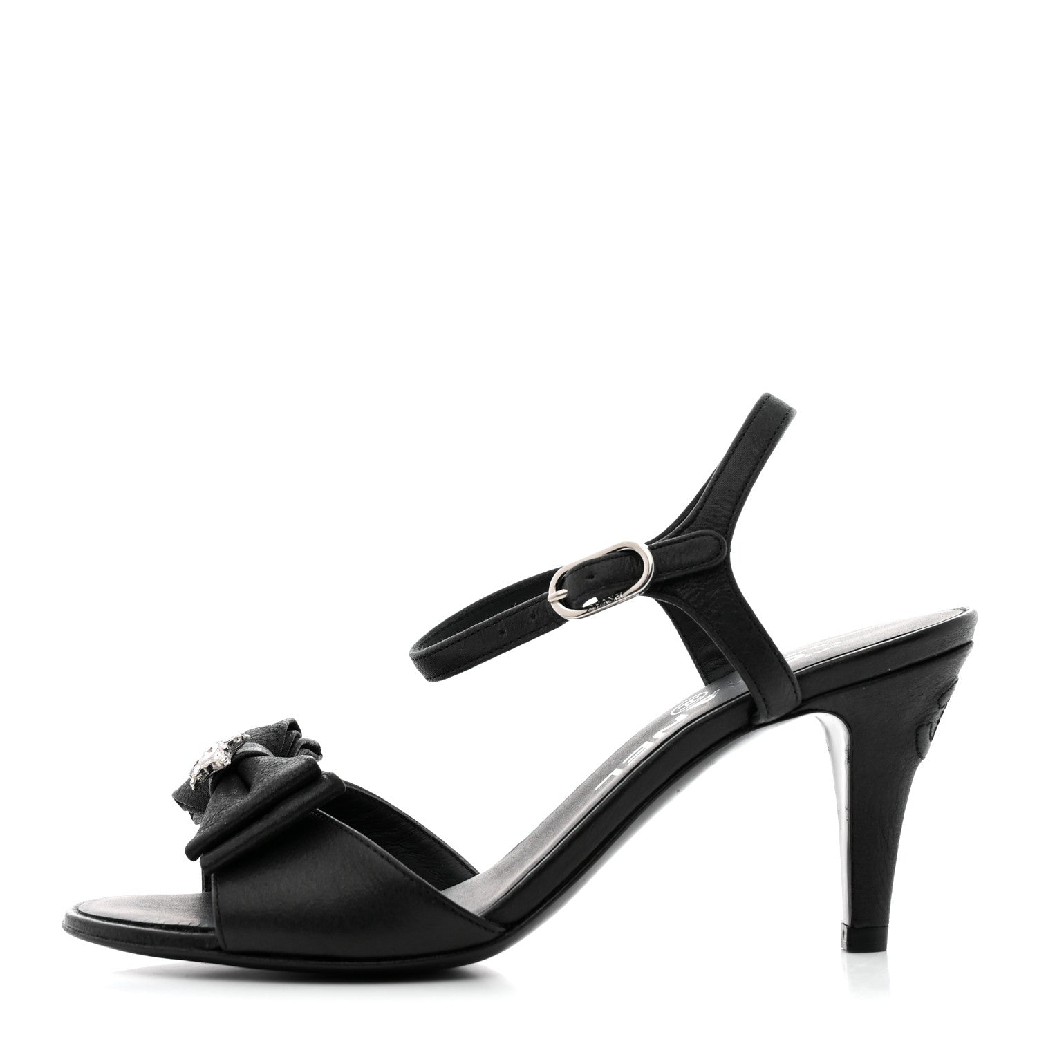 Chanel Crepe Grosgrain Crystal Bow Open Toe Sandals 35 Black 1 of 9