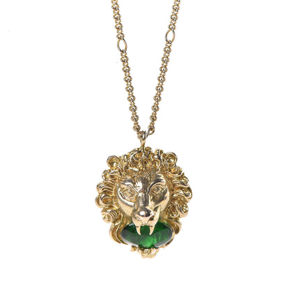 Gucci Metal Brass Swarovski Lion Head Necklace Gold Green 3 of 6