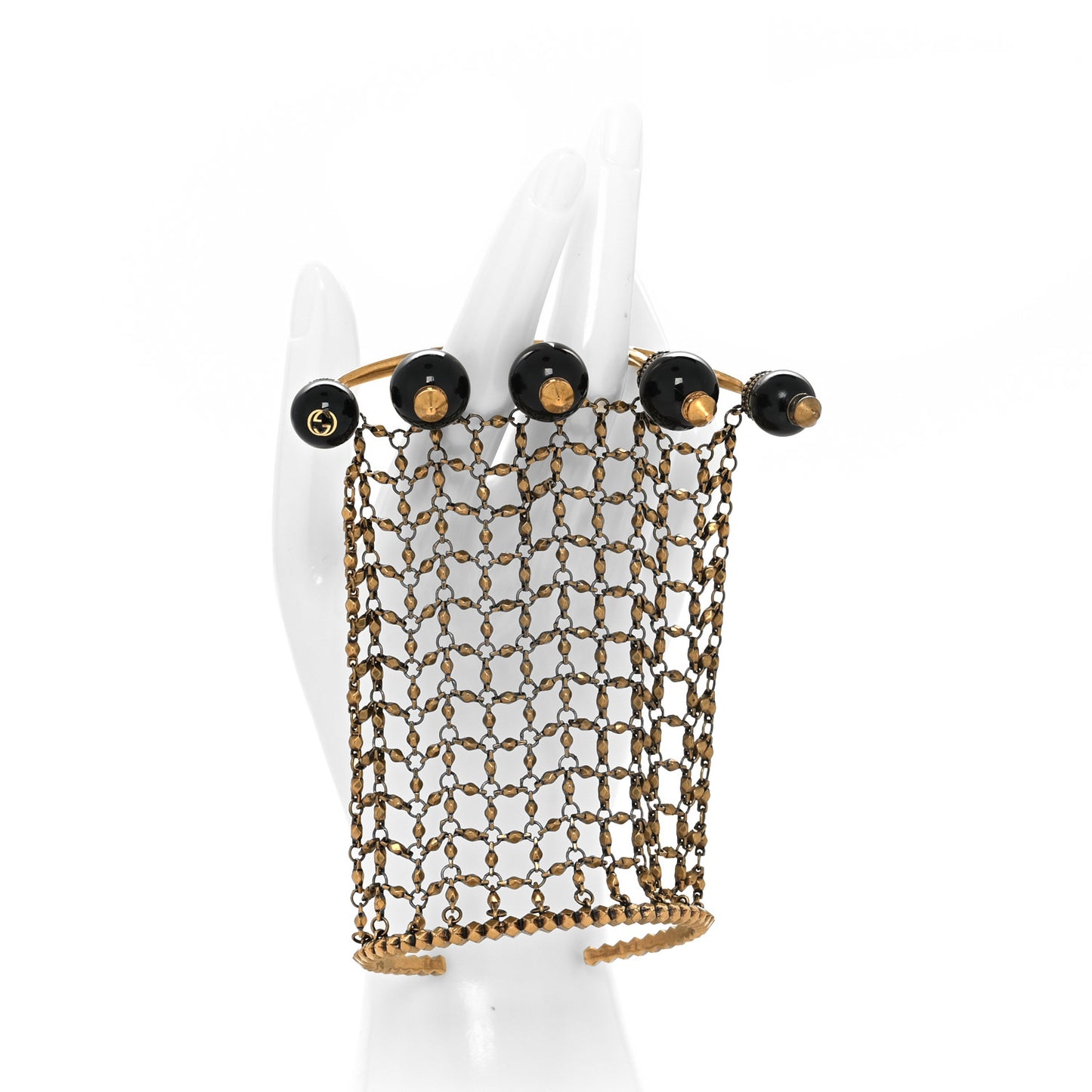 Metal Embellished Pearl Multi-Finger Ring Bracelet Black Gold