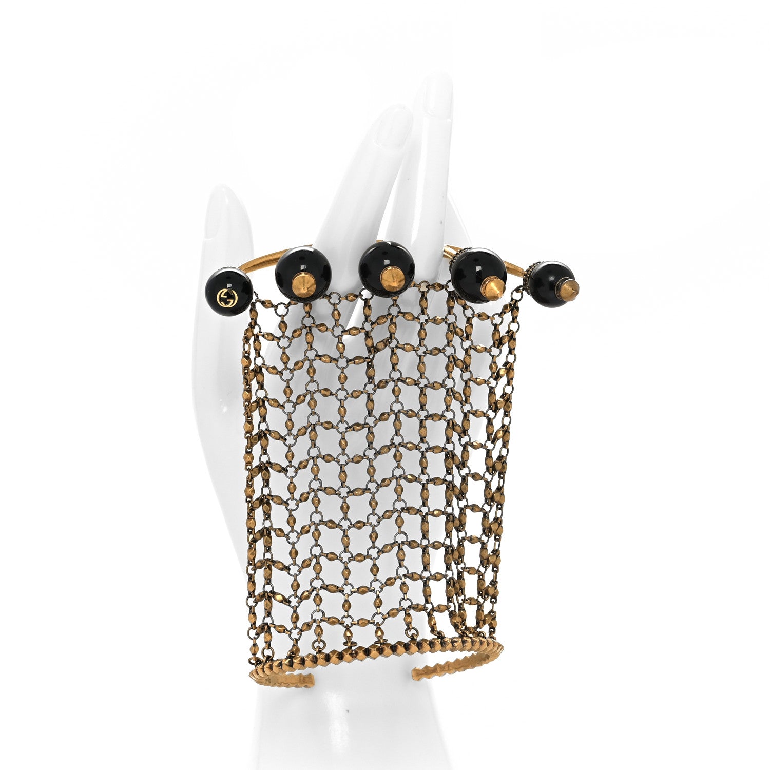 Gucci Metal Embellished Pearl Multi-Finger Ring Bracelet Black Gold 2 of 4