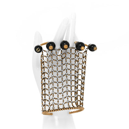 Gucci Metal Embellished Pearl Multi-Finger Ring Bracelet Black Gold 2 of 4