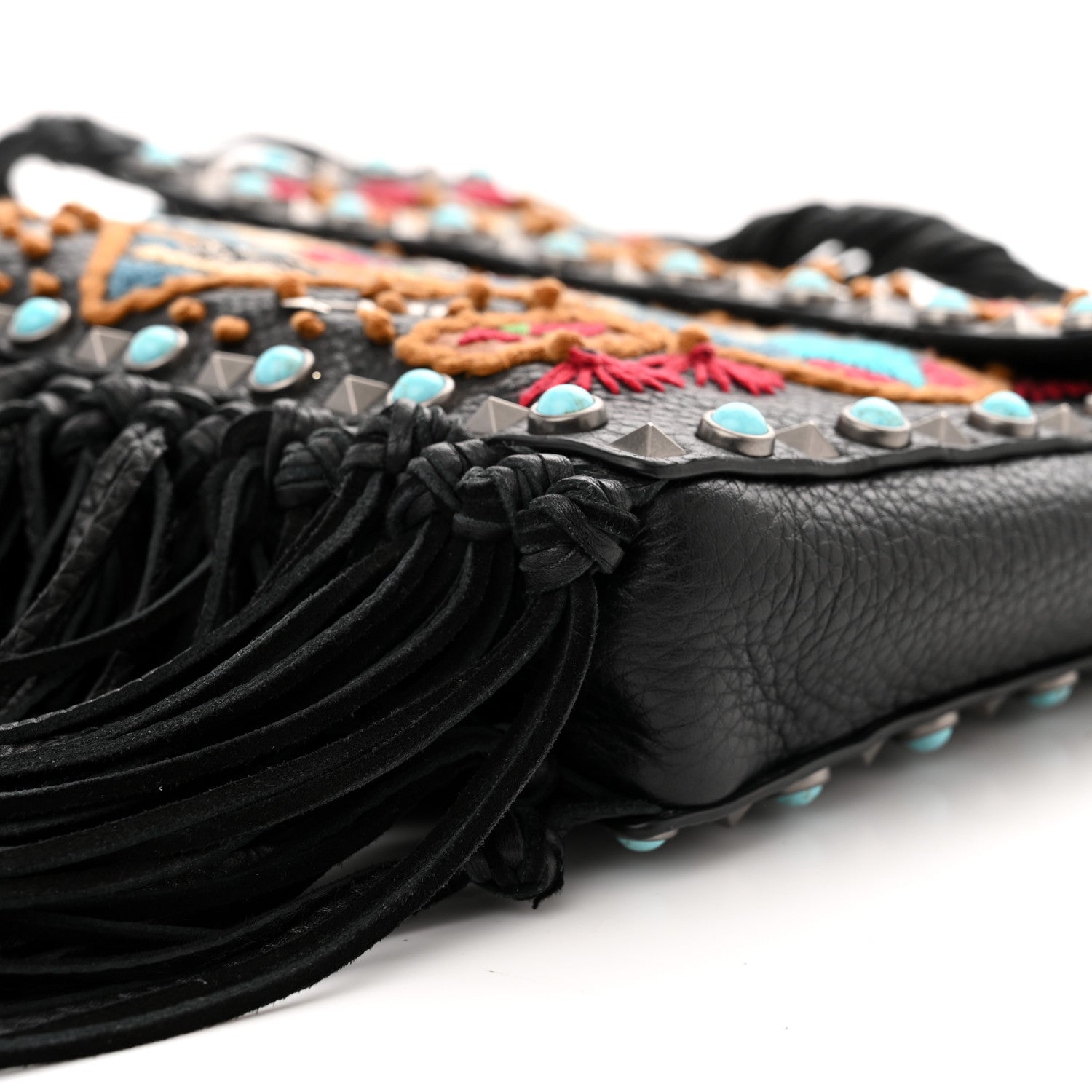 Valentino Garavani Pebbled Calfskin Embroidered Rockstud Rolling Fringe Messenger Black 9 of 15