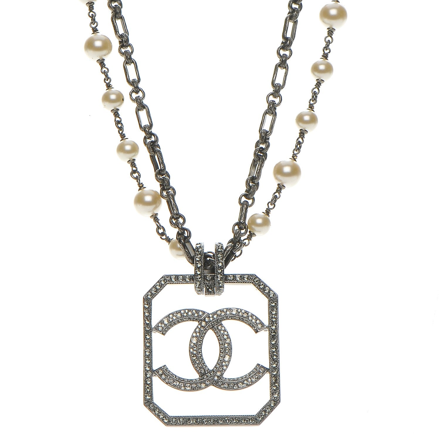 Chanel Pearl Crystal CC Double Strand Necklace Ruthenium 1 of 7