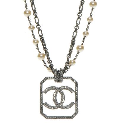 Chanel Pearl Crystal CC Double Strand Necklace Ruthenium 1 of 7