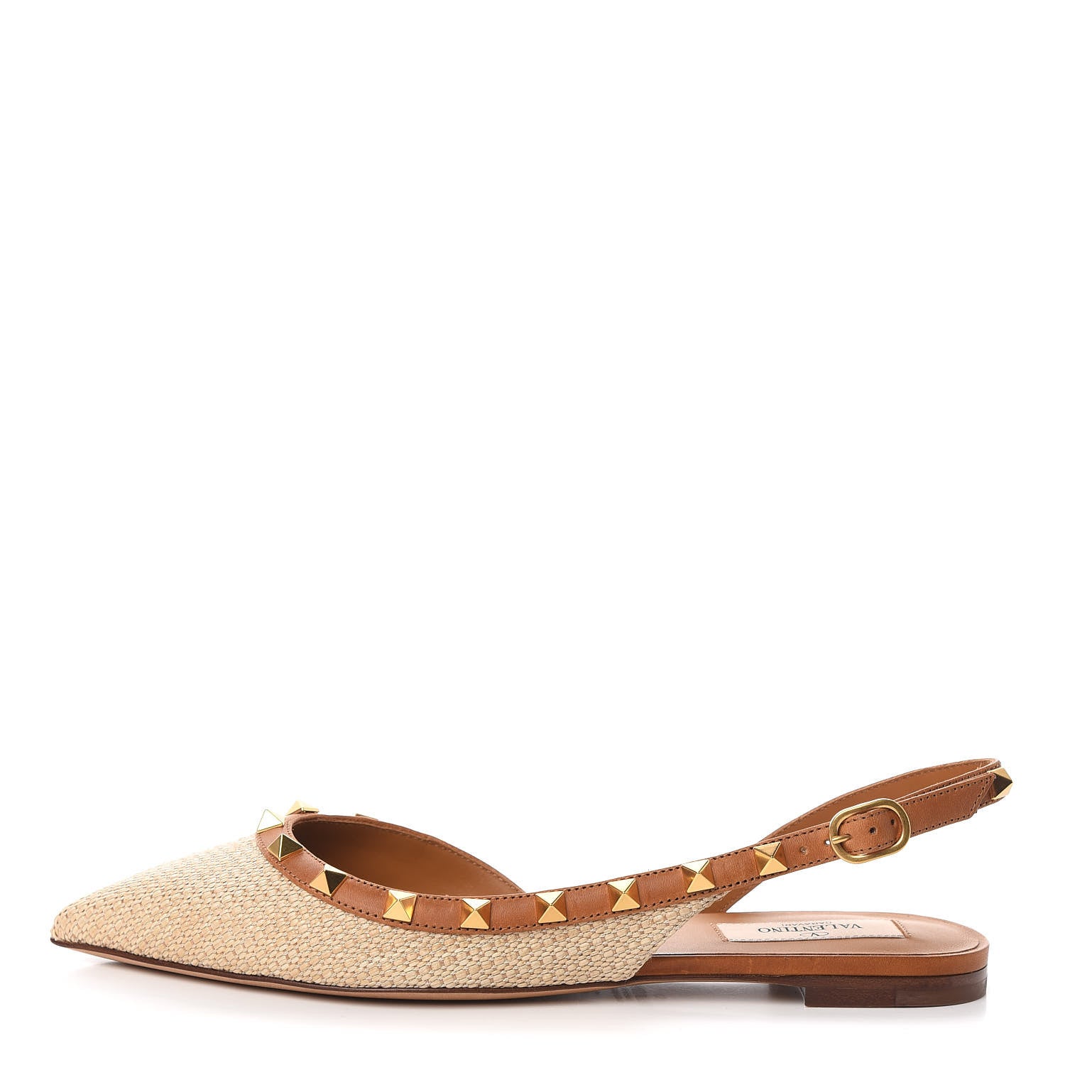 Valentino Garavani Raffia Calfskin Rockstud Slingback Flats 36 Naturale 1 of 9