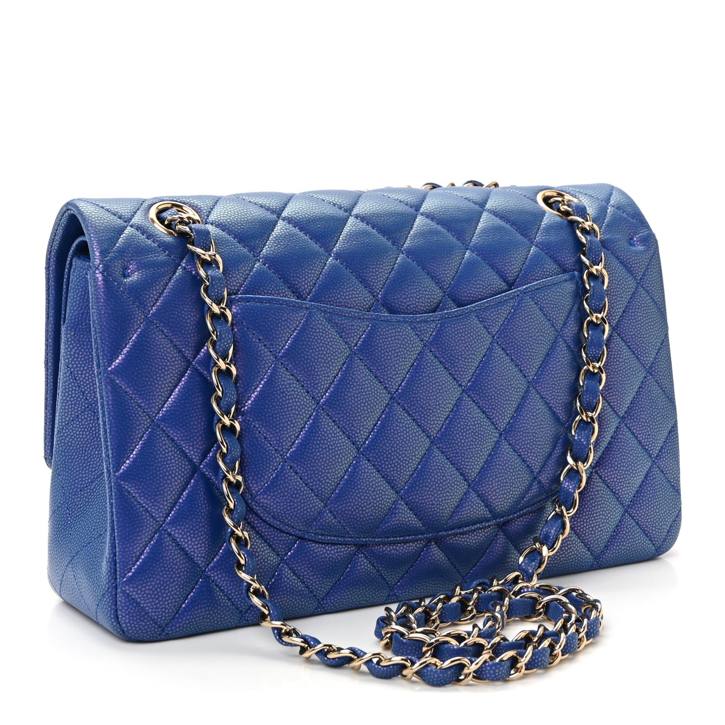 Iridescent Caviar Quilted Medium Double Flap Blue