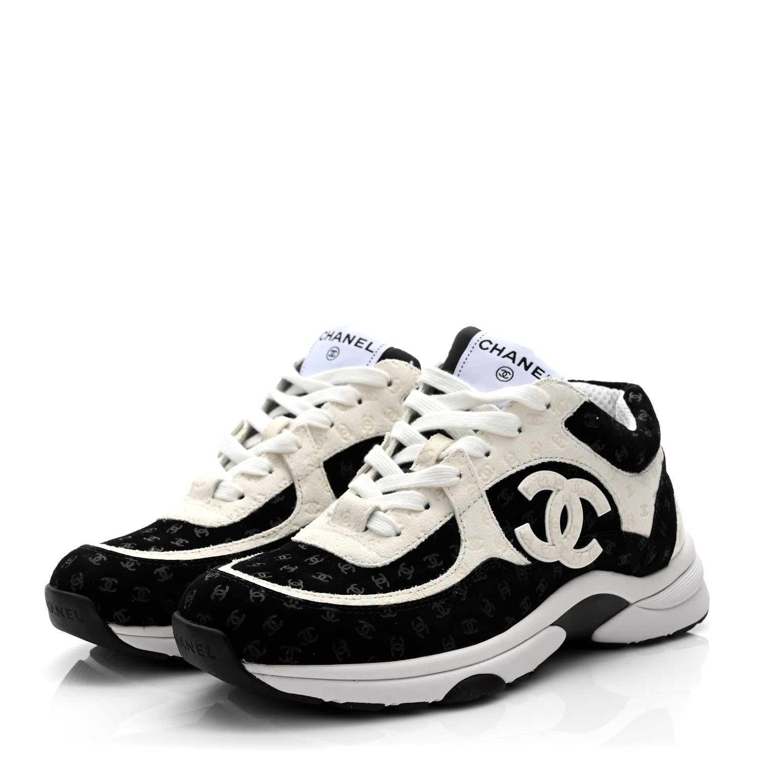 Chanel Nylon Suede Calfskin Printed CC Sneakers 38 White Black 3 of 8