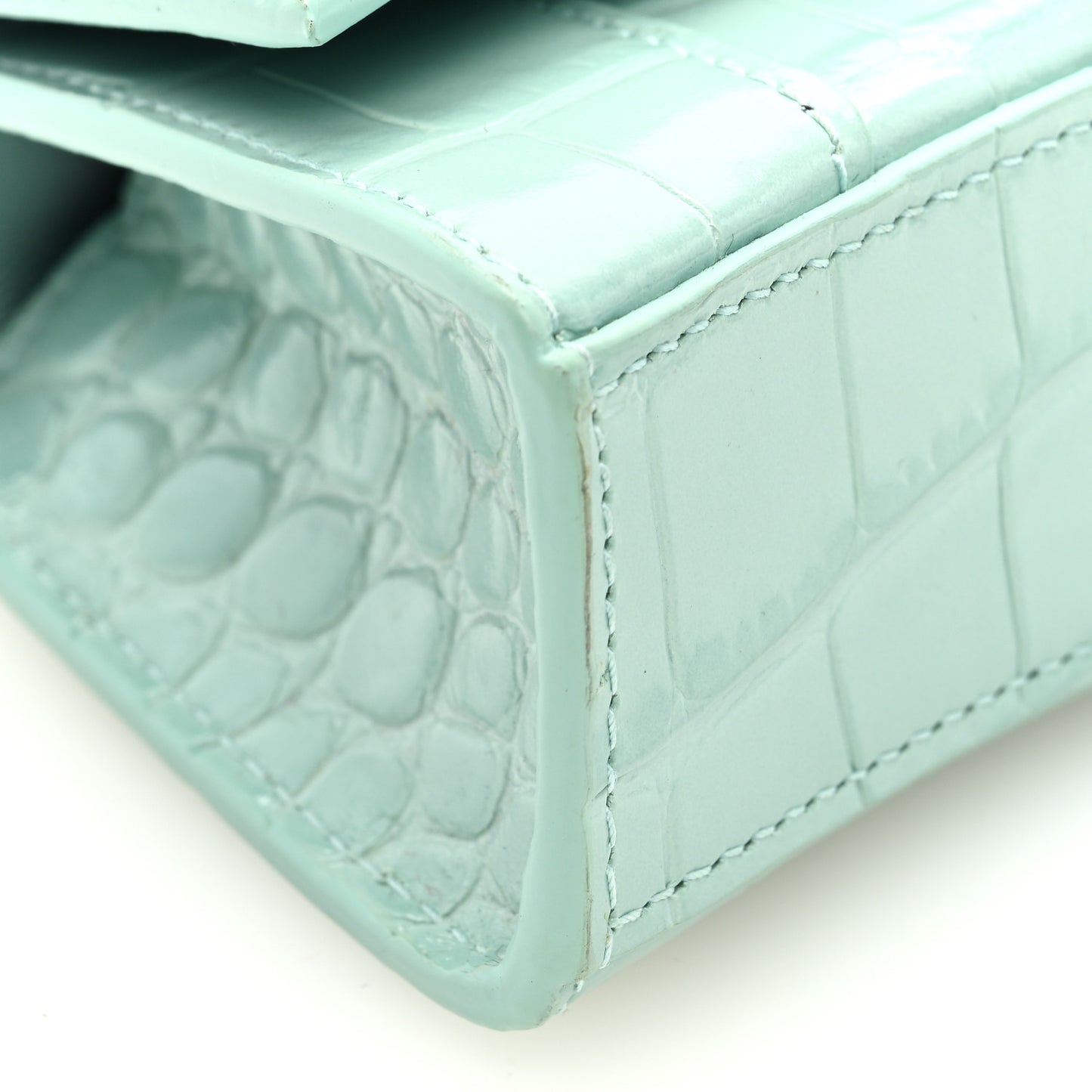 Shiny Calfskin Crocodile Embossed Hourglass Top Handle Bag Mini with Chain Green Acqua