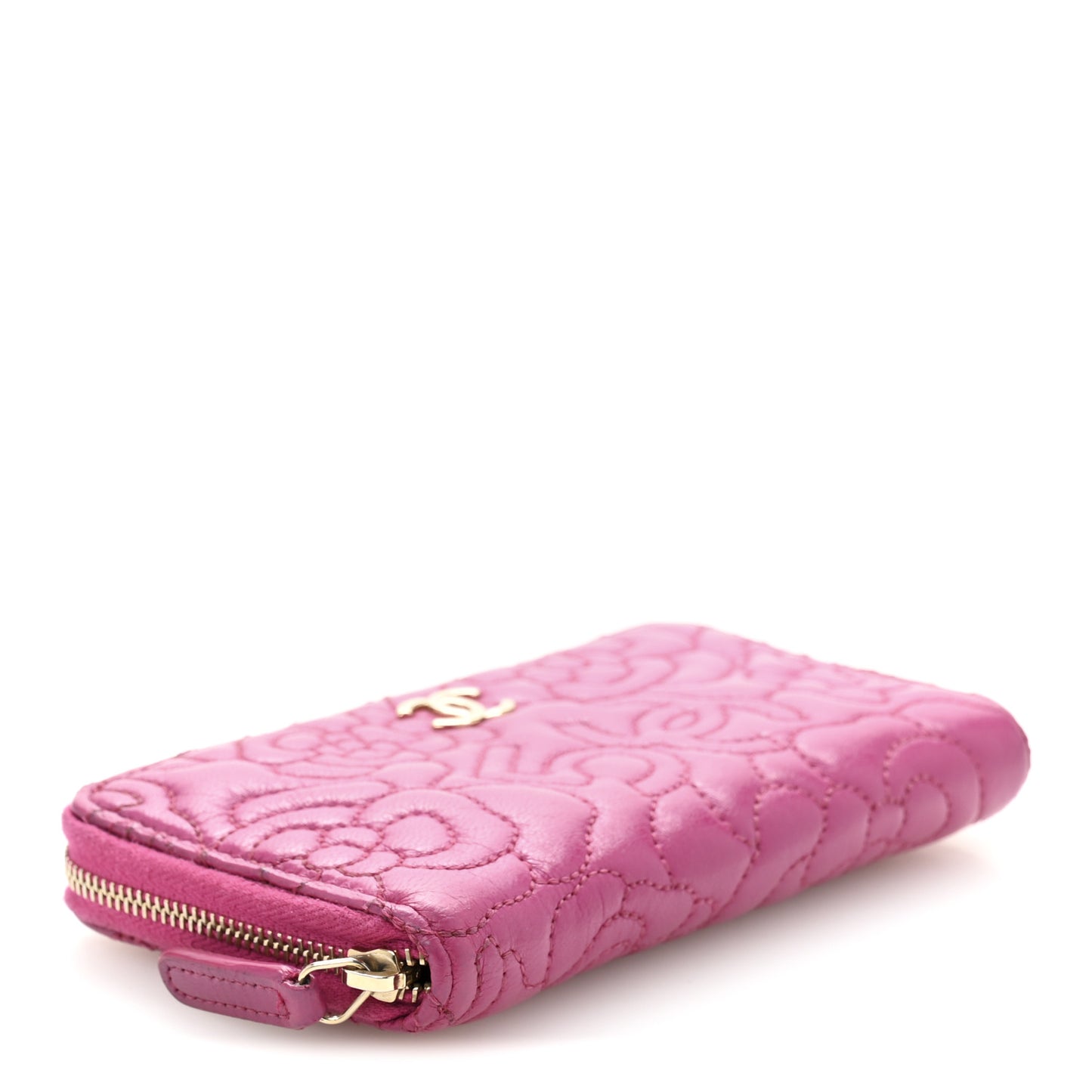 Lambskin Camellia Embossed Small Zip Around Wallet Dark Pink