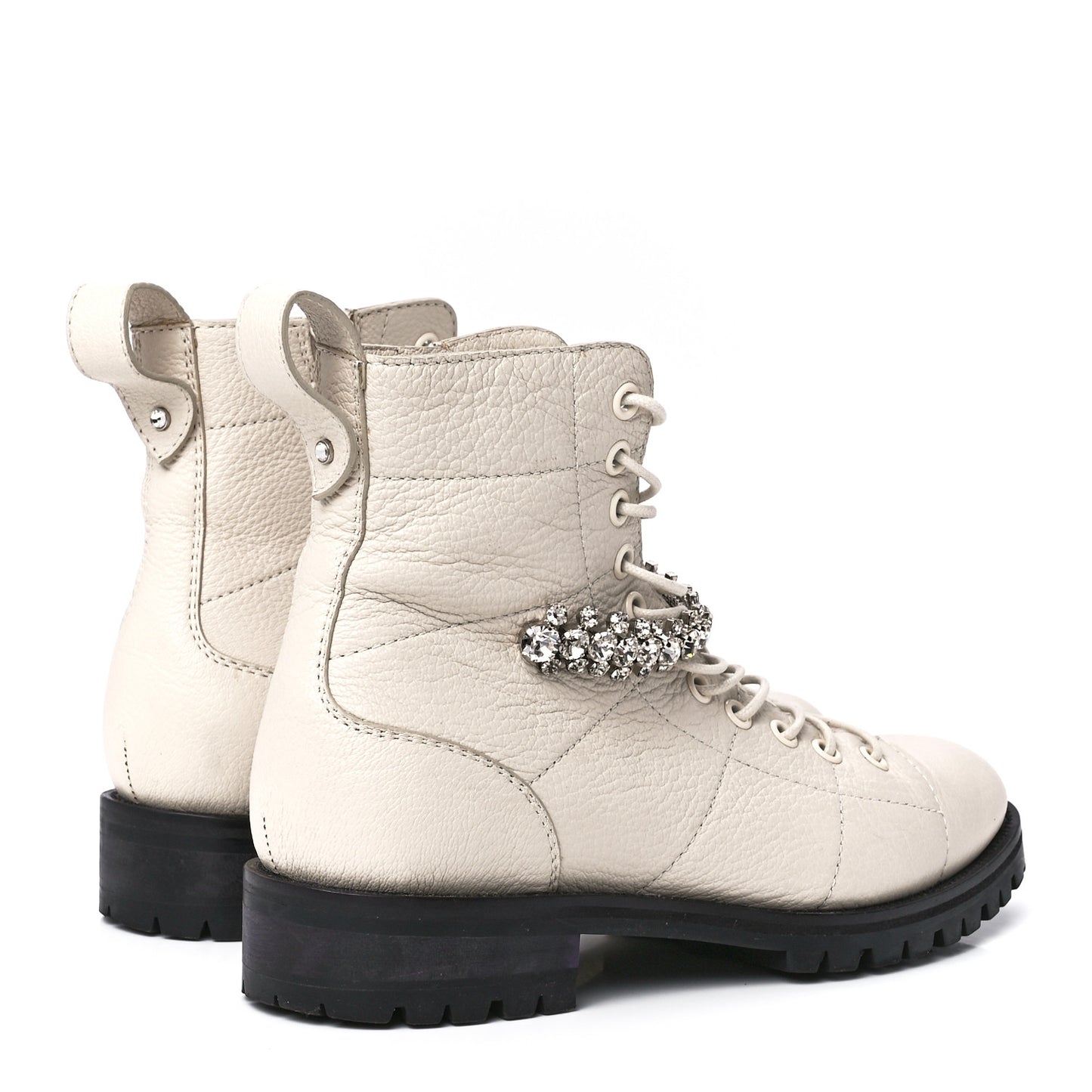 Grained Calfskin Crystal Embellished Cruz Combat Boots 37.5 White
