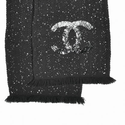 Chanel Cashmere Silk Sequin CC Scarf Black 2 of 4
