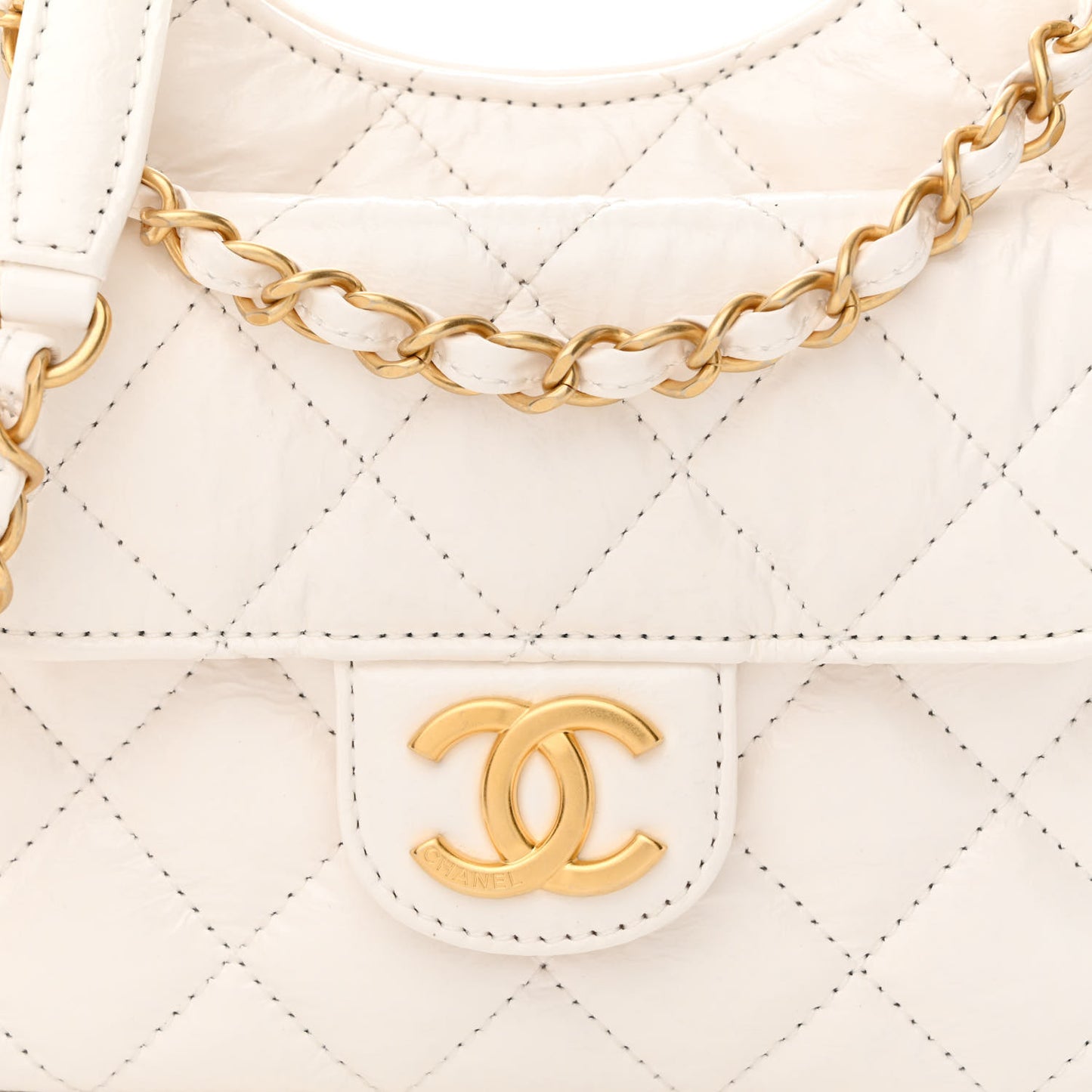 Shiny Crumpled Calfskin Quilted Small Wavy CC Hobo White