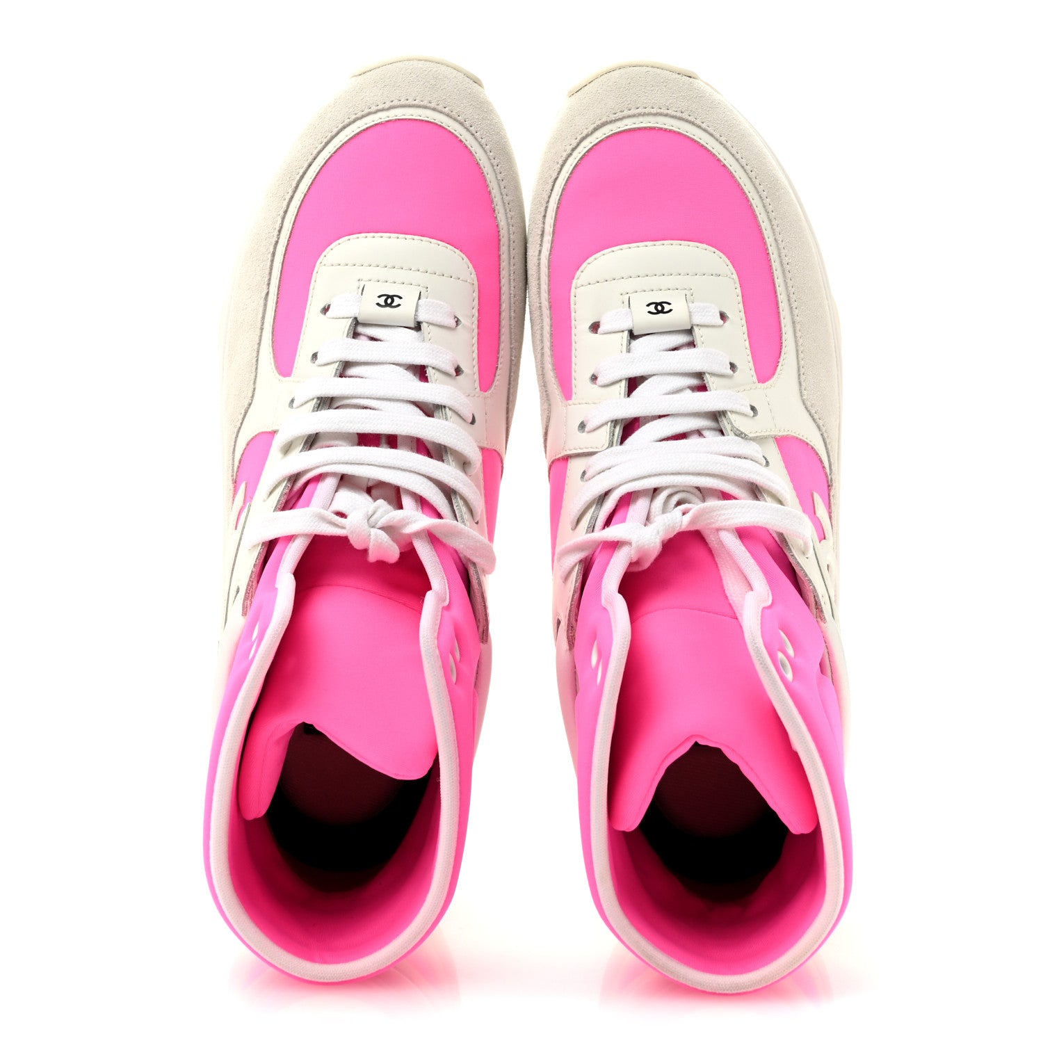 Chanel Suede Calfskin Lambskin Neoprene High Top CC Sneakers 40 White Fluo Pink 2 of 9