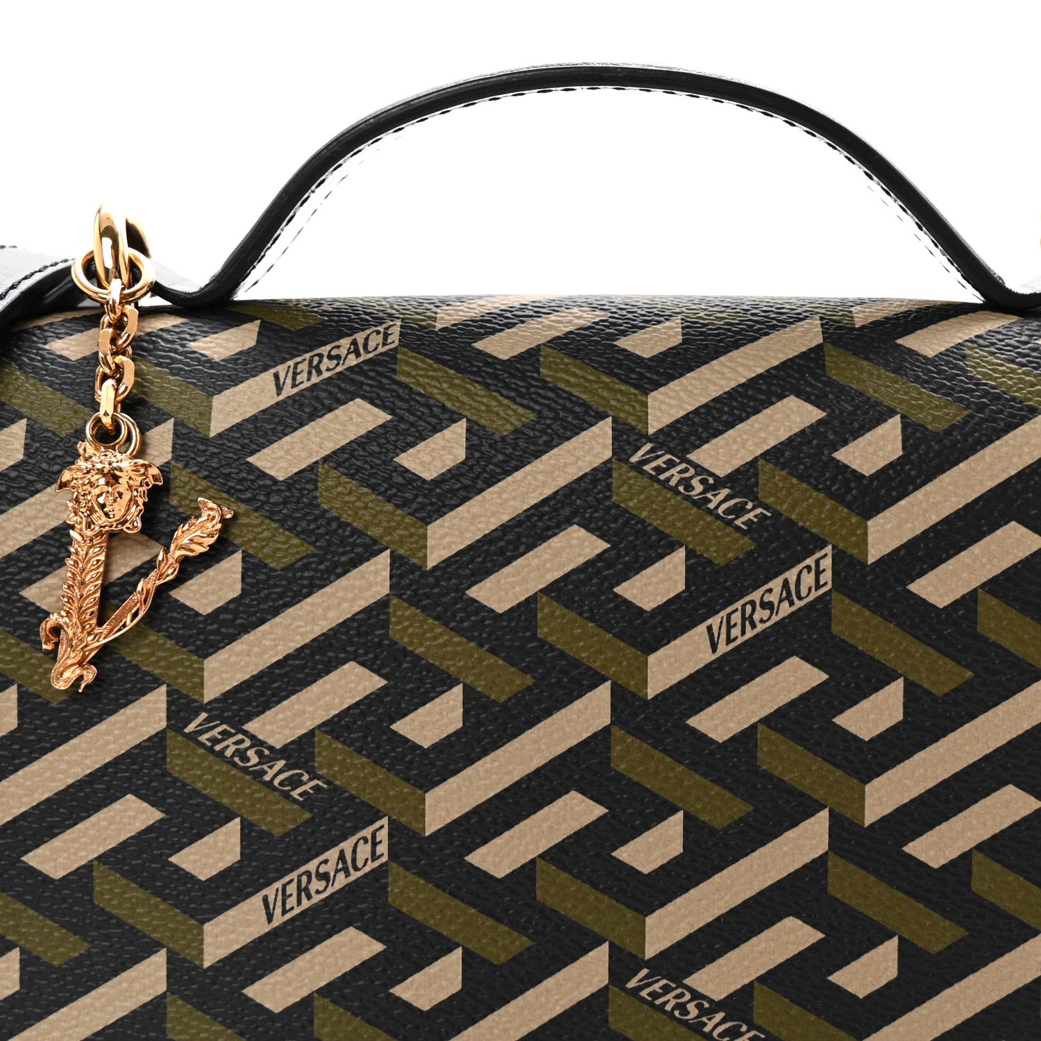 Versace Coated Canvas La Greca Signature Top Handle Bag Black Khaki 7 of 9
