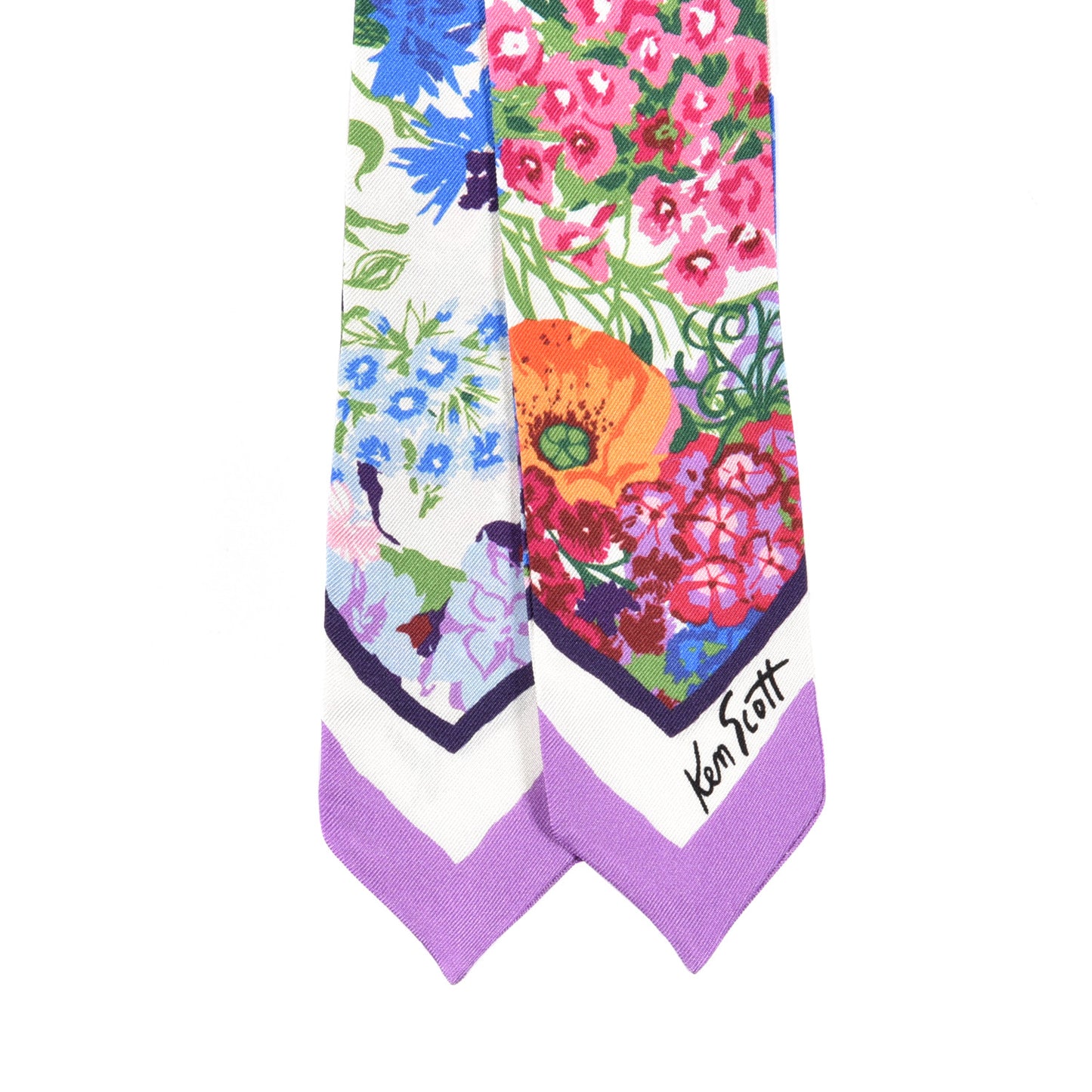 X KEN SCOTT Silk Twill Floral Print Neck Bow Scarf Ivory Dark Purple