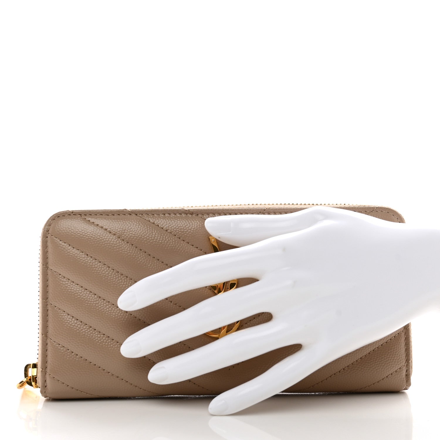 Saint Laurent Grain De Poudre Matelasse Chevron Monogram Zip Around Wallet Dark Beige 2 of 8