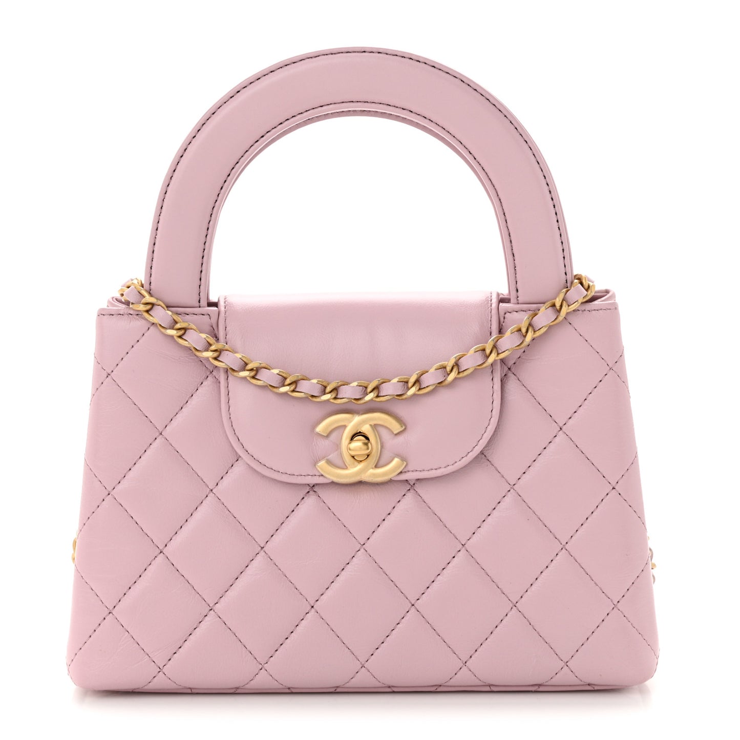 Shiny Aged Calfskin Quilted Nano Kelly Shopper Pink