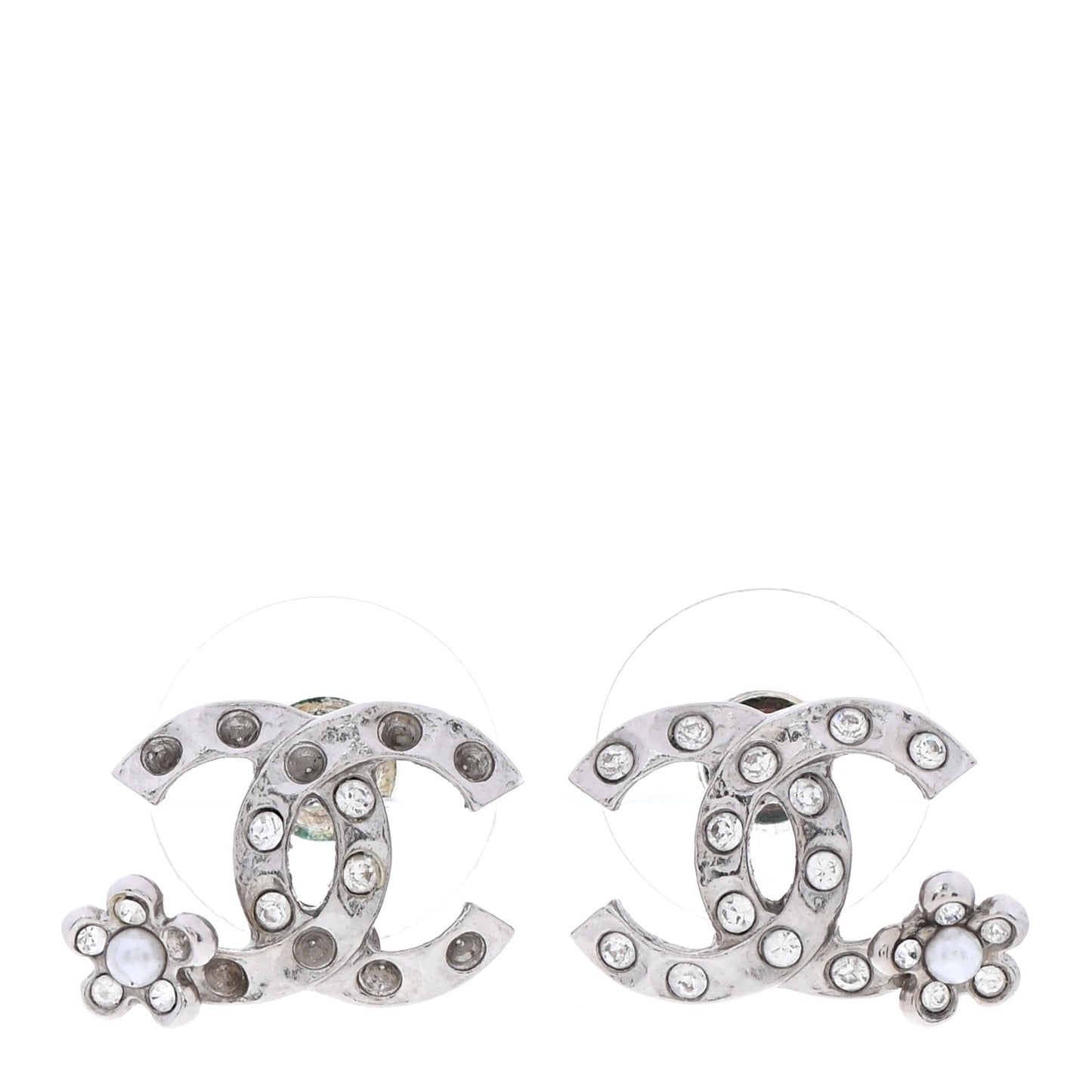 Crystal Pearl Camellia CC Earrings Silver