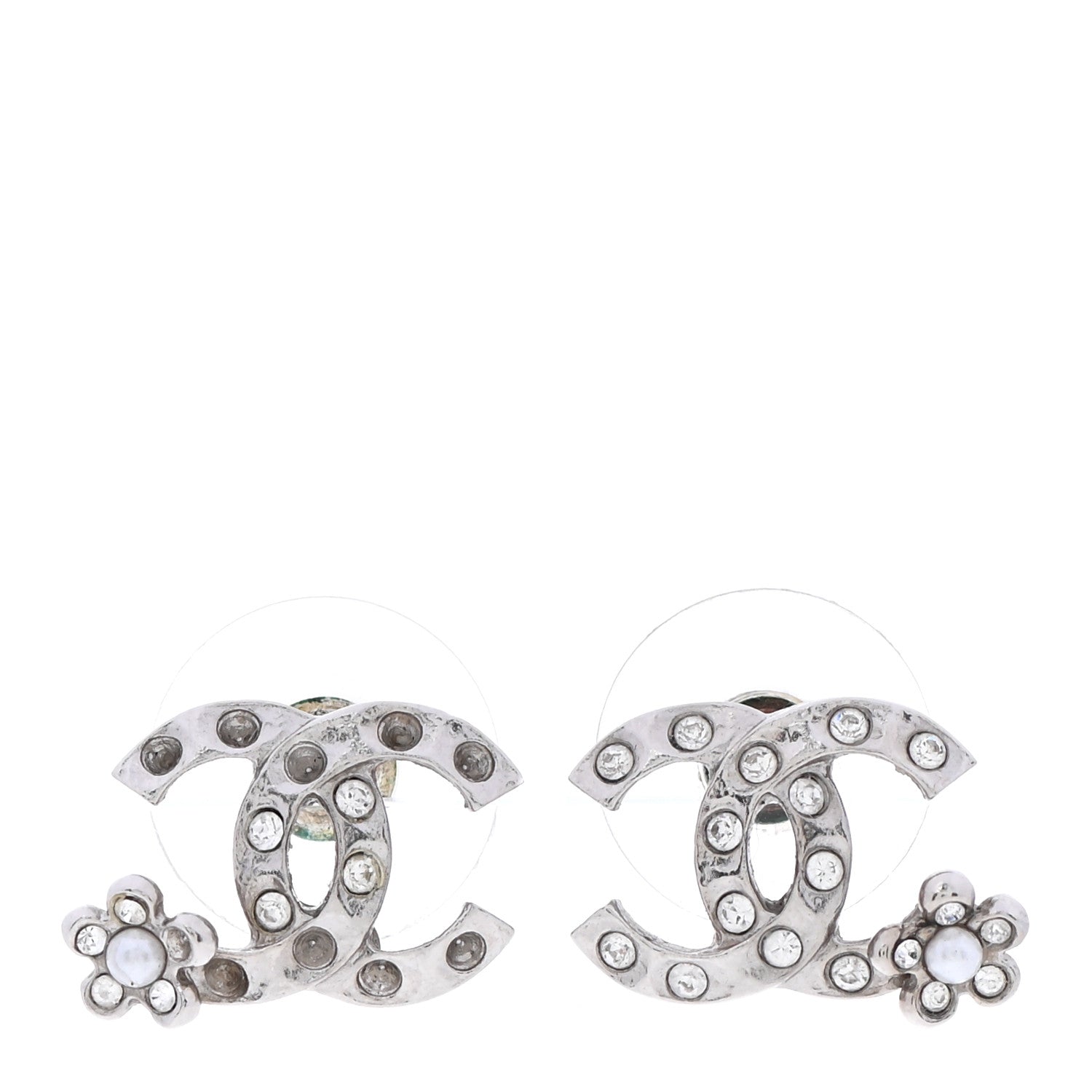 Chanel Crystal Pearl Camellia CC Earrings Silver 1 of 5