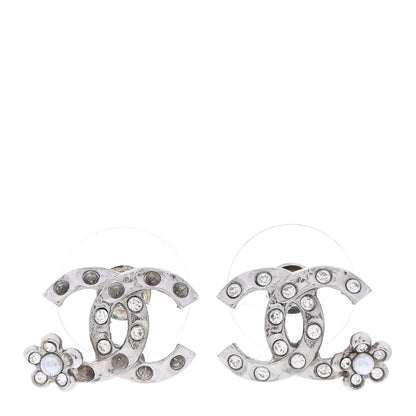 Chanel Crystal Pearl Camellia CC Earrings Silver 1 of 5