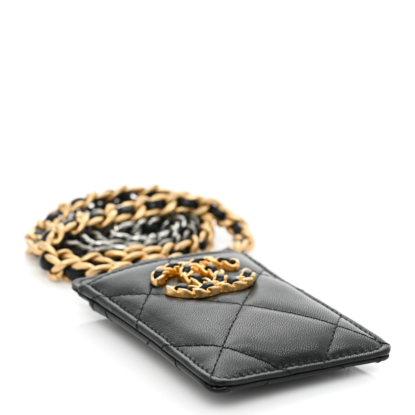 Goatskin Quilted Chanel 19 Card Holder On Chain Black