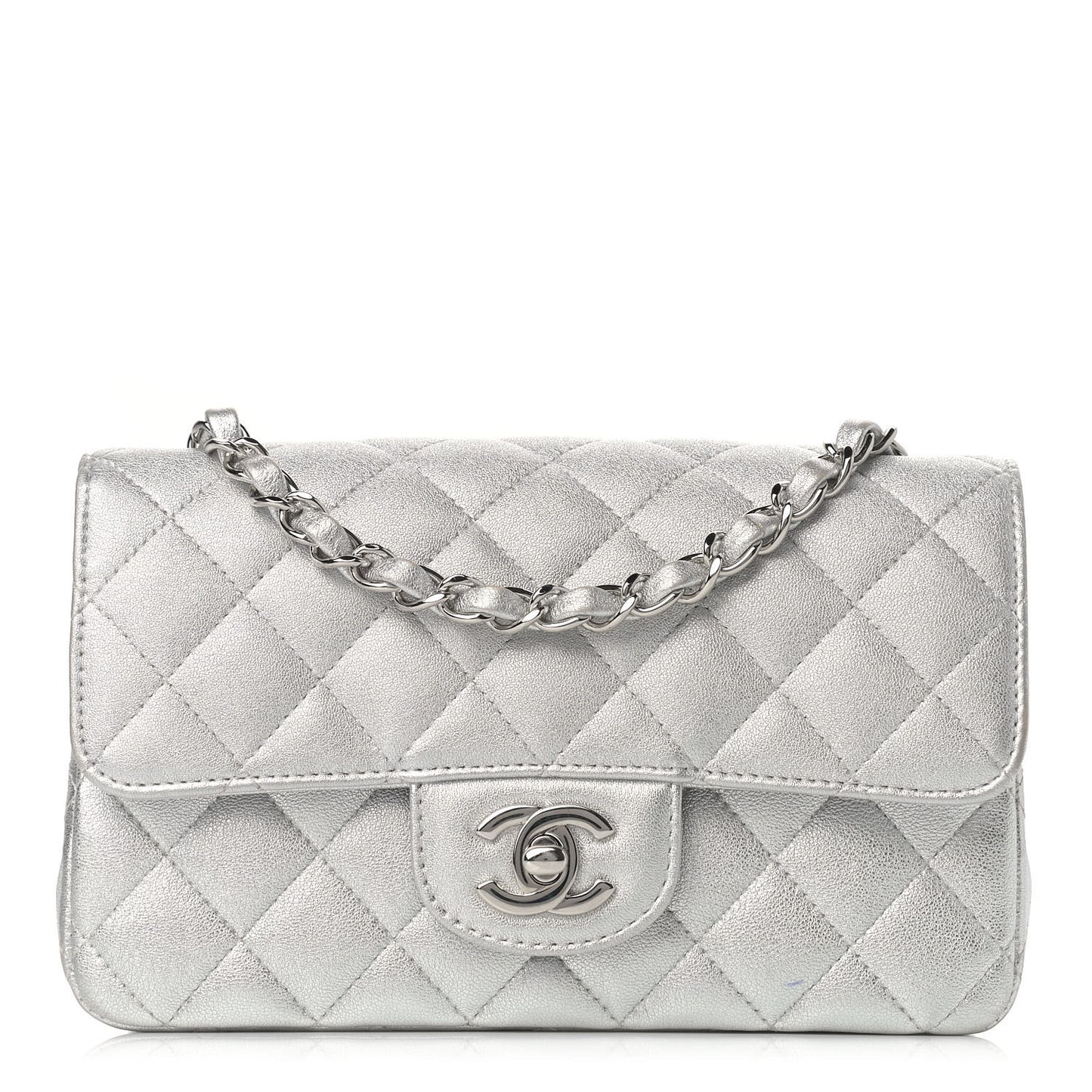 Metallic Lambskin Quilted Mini Rectangular Flap Silver