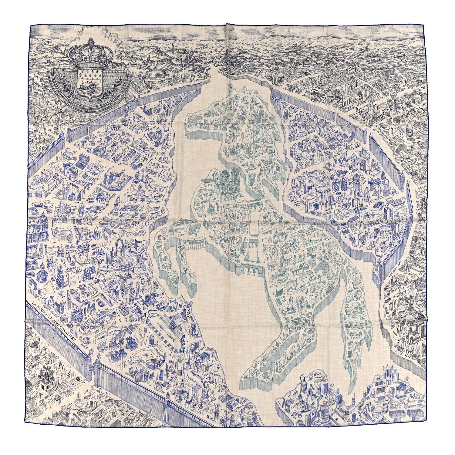 Hermes Cashmere Silk La Cite Cavaliere Shawl 140 Naturel Blue Royal Petrole 1 of 3