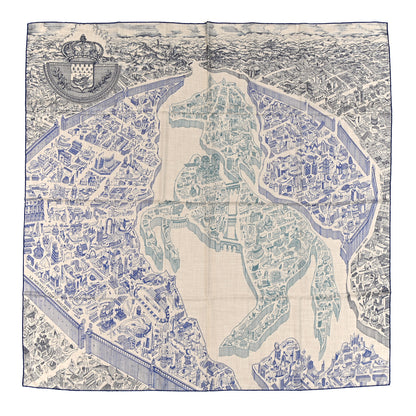 Hermes Cashmere Silk La Cite Cavaliere Shawl 140 Naturel Blue Royal Petrole 1 of 3