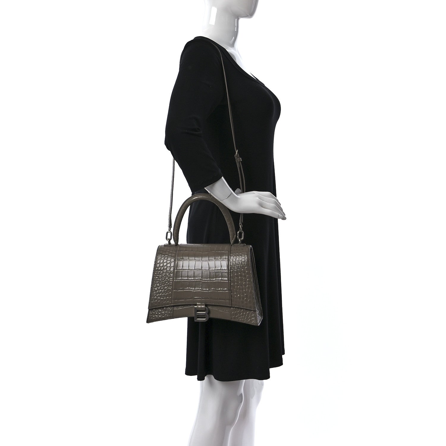 Balenciaga Shiny Calfskin Crocodile Embossed Medium Hourglass Top Handle Bag Mink Grey 2 of 14