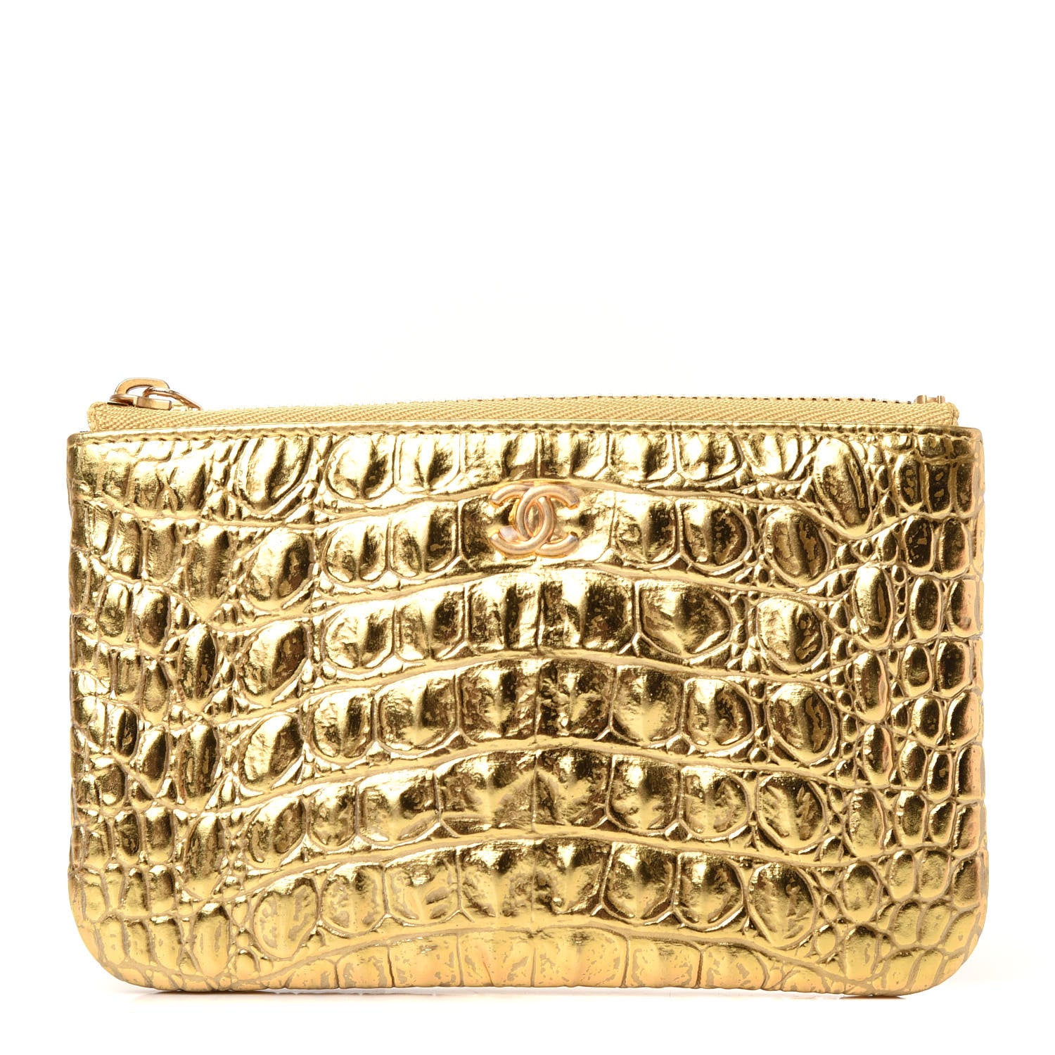 Chanel Metallic Calfskin Crocodile Embossed Cocodile Cosmetic Case Gold 1 of 7