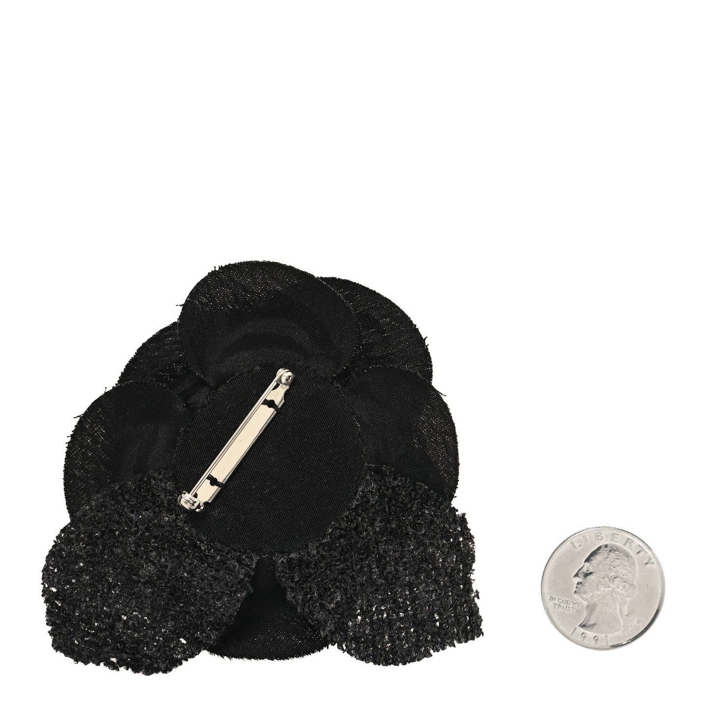 Tweed Fabric Camellia Pin Brooch Black