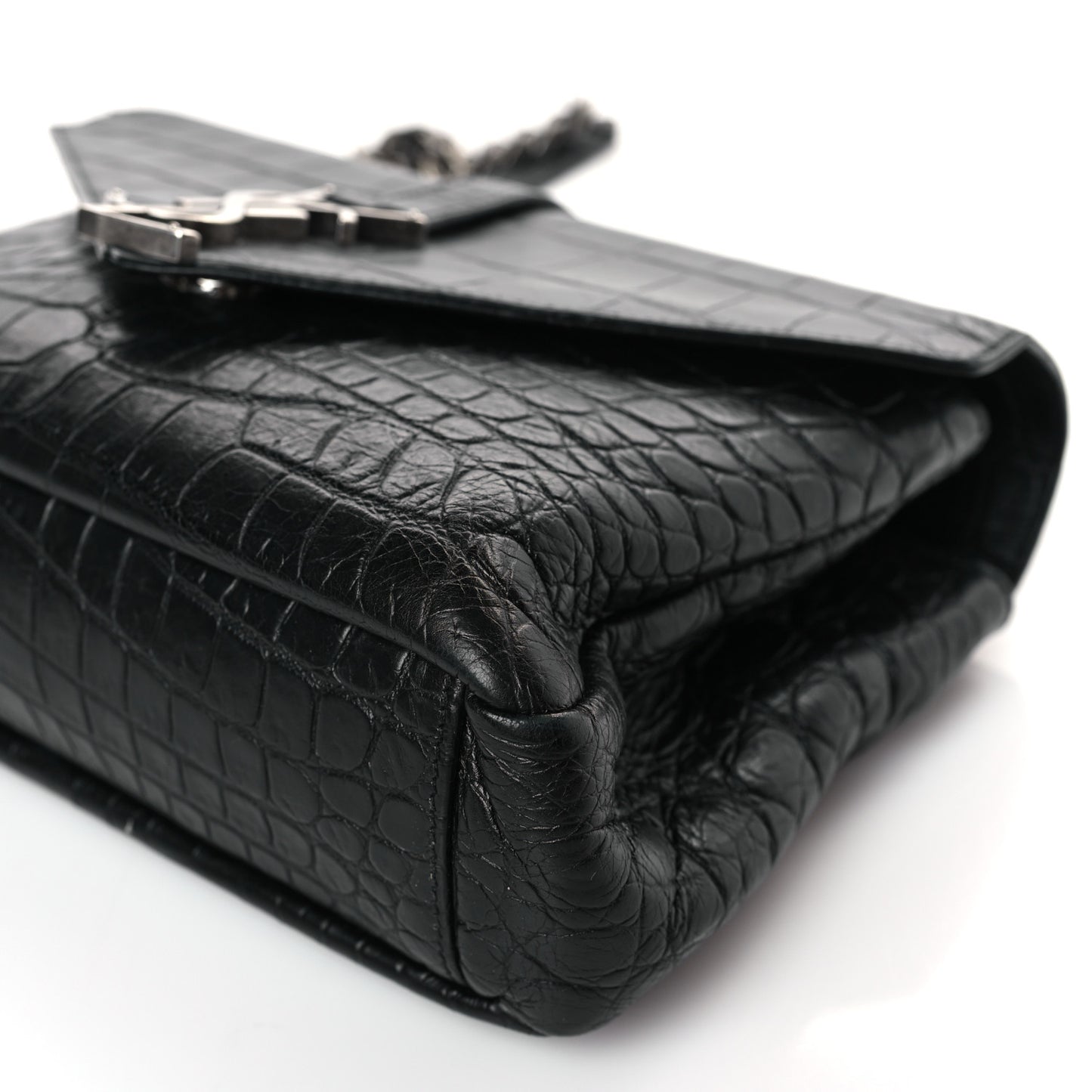 Calfskin Crocodile Embossed College Monogram Satchel Black