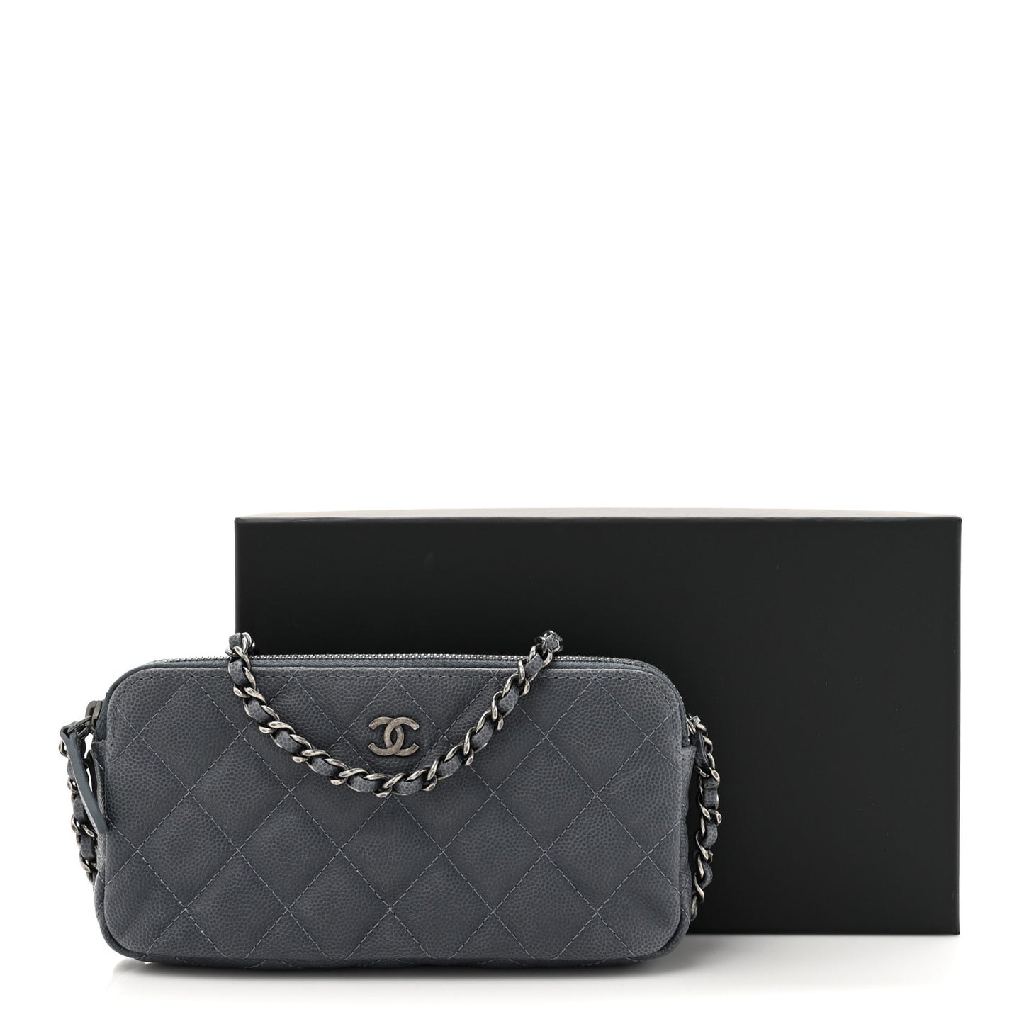 Caviar Quilted Small Clutch With Chain Grey