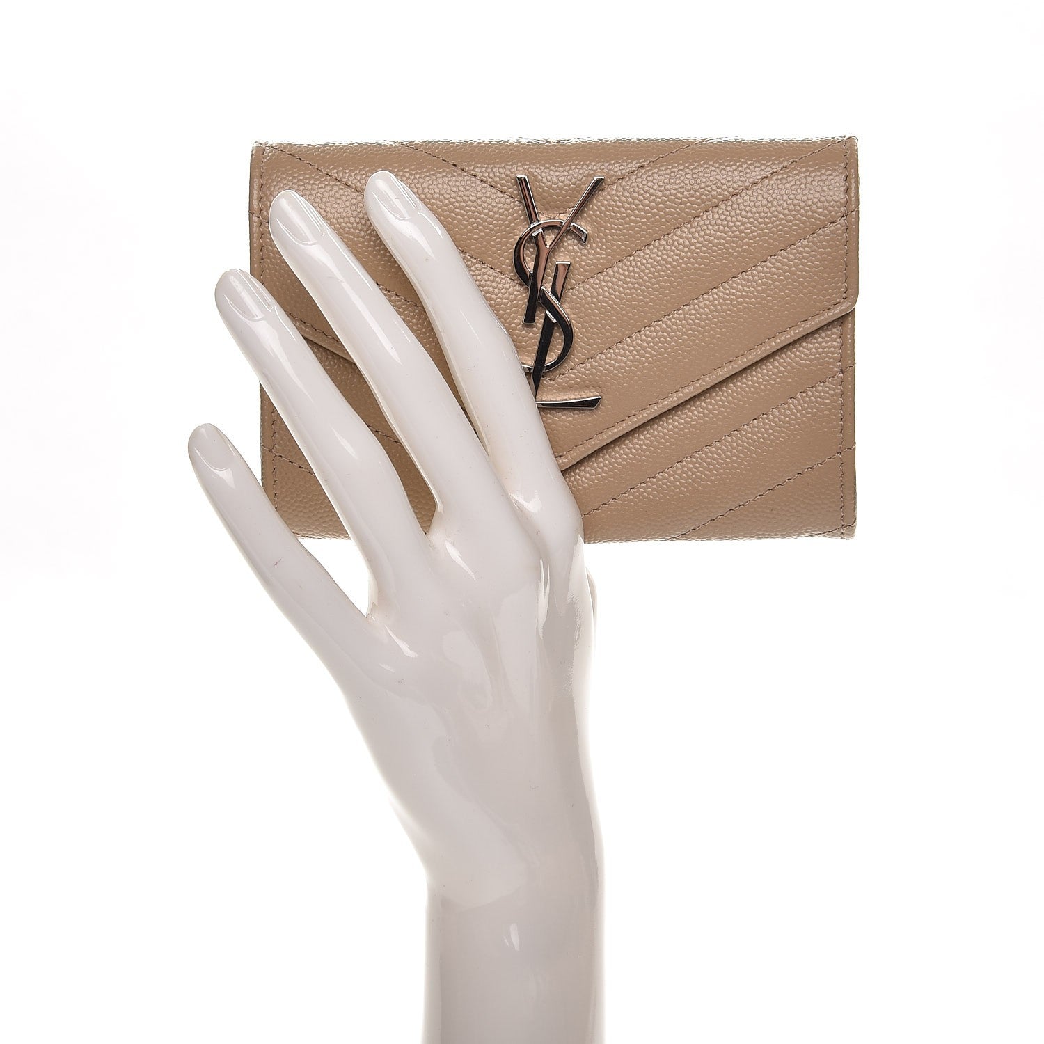 Saint Laurent Grain De Poudre Matelasse Chevron Small Monogram Envelope Wallet Dark Beige 2 of 8