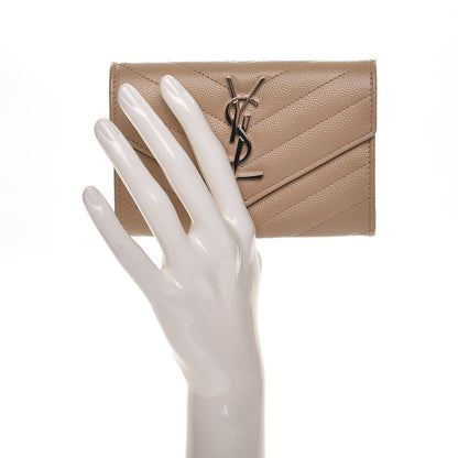 Saint Laurent Grain De Poudre Matelasse Chevron Small Monogram Envelope Wallet Dark Beige 2 of 8