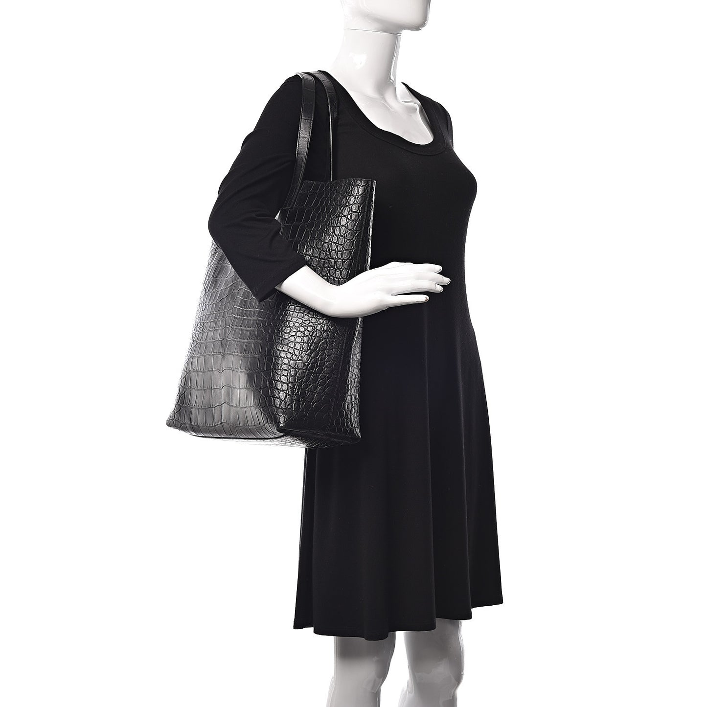 Calfskin Crocodile Embossed Bold Shopper Tote Black