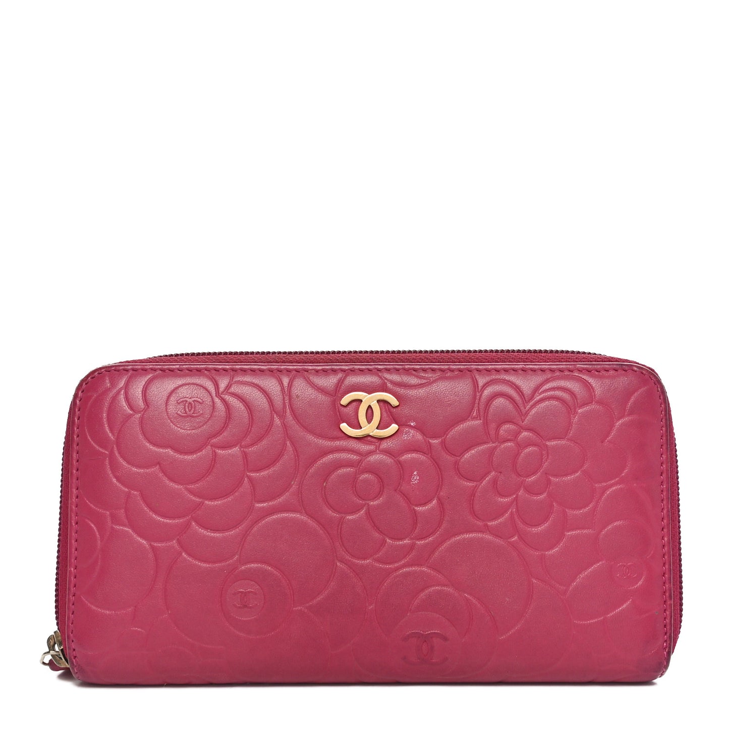 Lambskin Camellia Embossed Large Gusset Zip Around Wallet Fuchsia