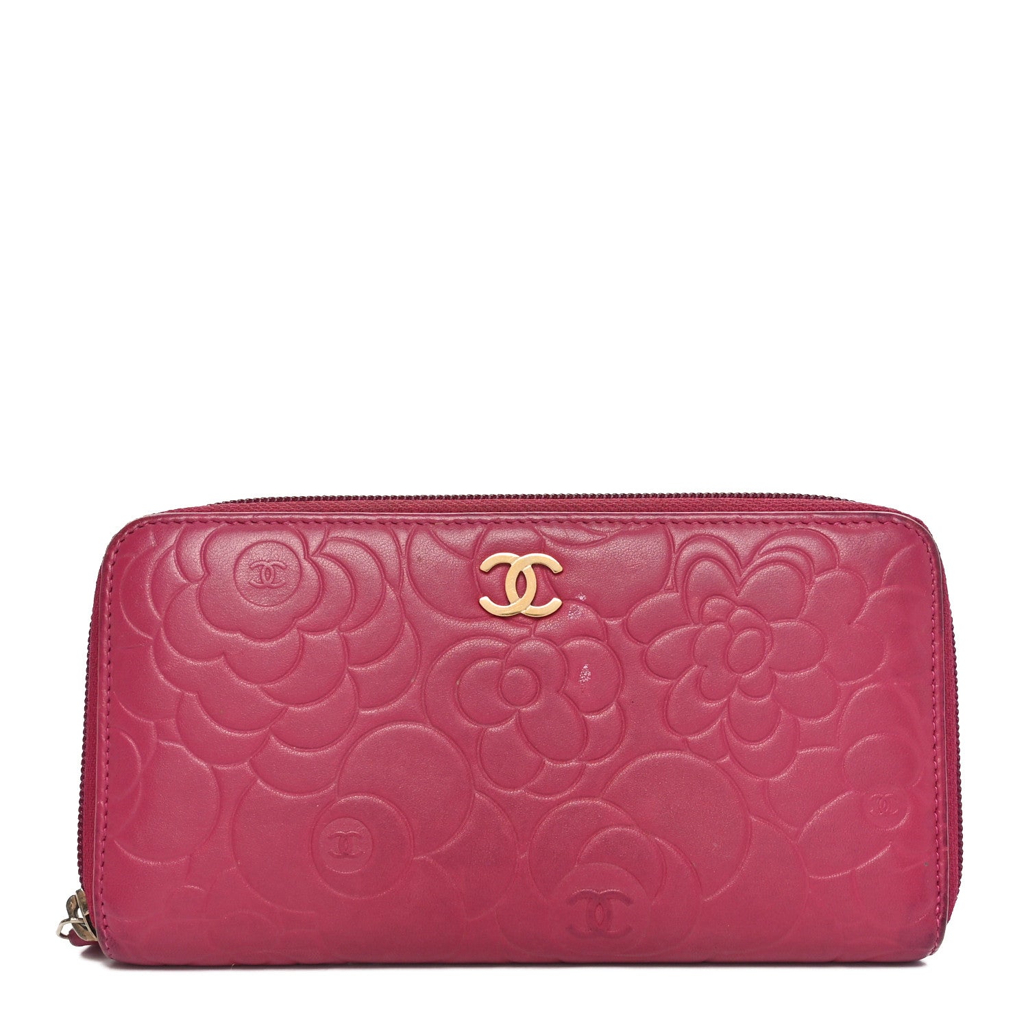 Chanel Lambskin Camellia Embossed Large Gusset Zip Around Wallet Fuchsia 1 of 13