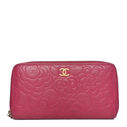 Chanel Lambskin Camellia Embossed Large Gusset Zip Around Wallet Fuchsia 1 of 13